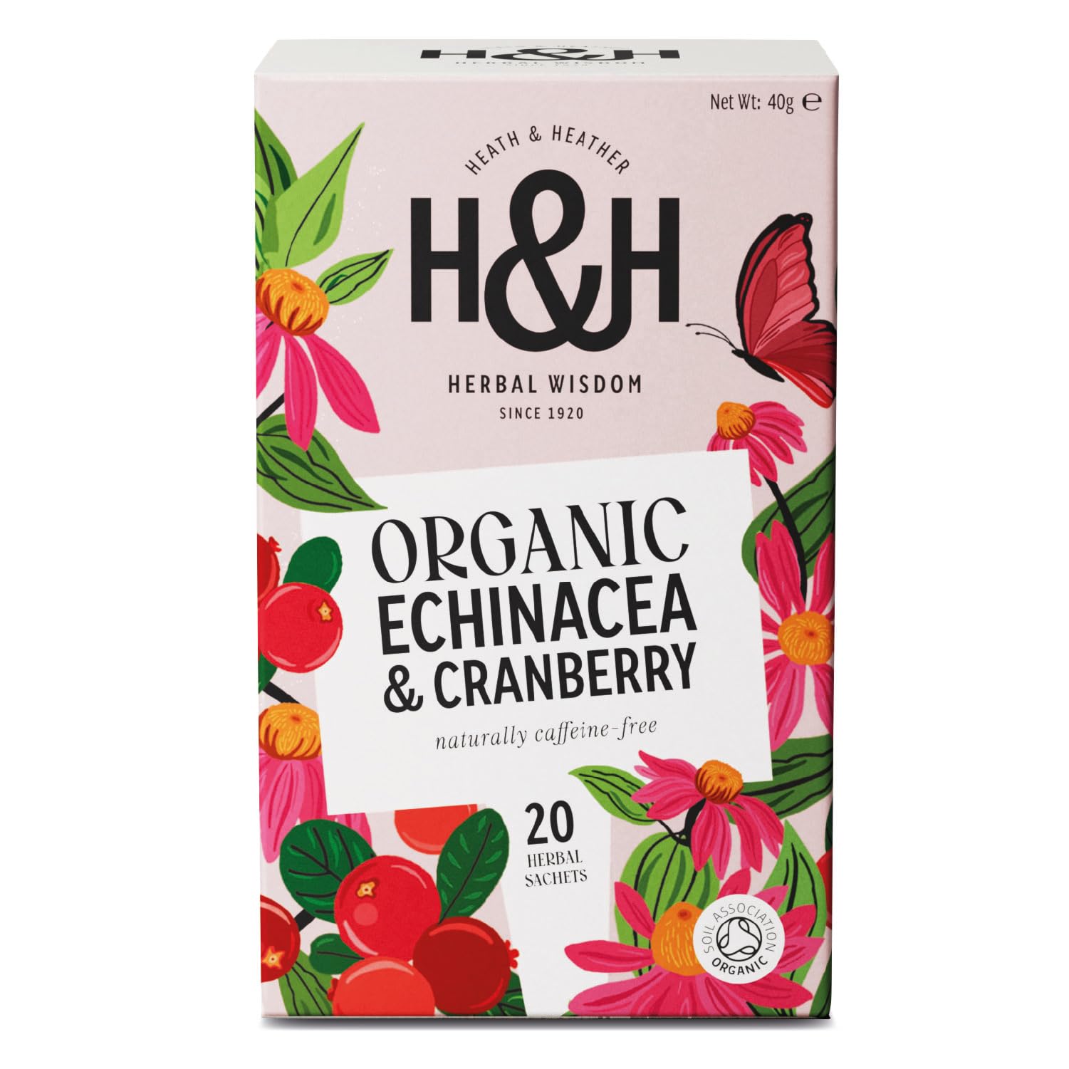 Heath & Heather - Organic Echinacea and Cranberry Tea • herbal Blend • naturally Caffeine-free • Vegan • 20 Tea Bags