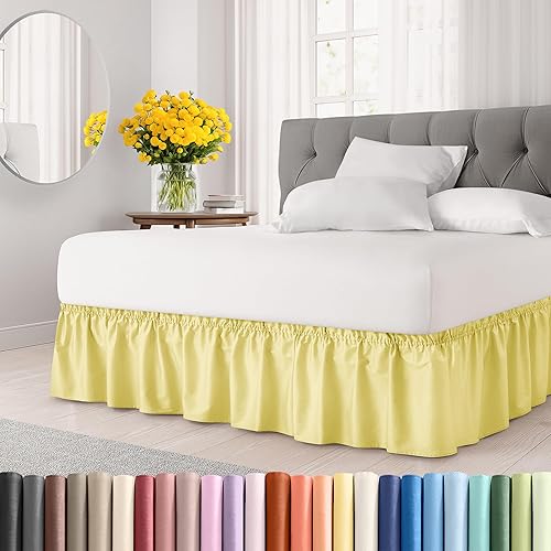 Falda de cama envolvente con volantes, color amarillo, para camas de tamaño matrimonial con altura de 38 cm CGK Linens - Falda de cama plisada con