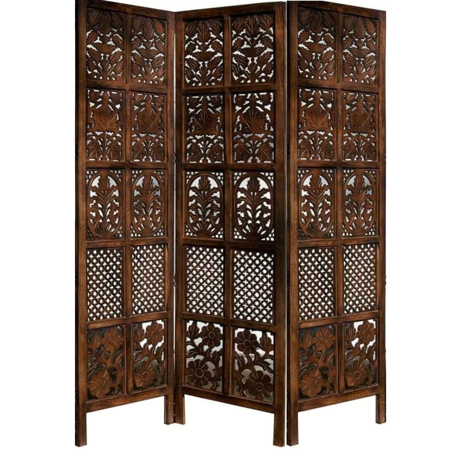 Wooden Room Divider Partition 6ft, 3 Panels, Brown. Ideal for Living Rooms, Halls, Makeup Studios, Pooja Rooms & More. Stylish, Antique Design for Privacy & décor-image-11