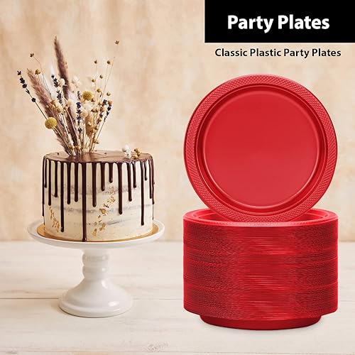 Miniatura 3 de Collection Platos de plástico rojo de 9 pulgadas, 50 unidades, platos redondos de plástico sólido para bodas, barbacoas, platos de cumpleaños,