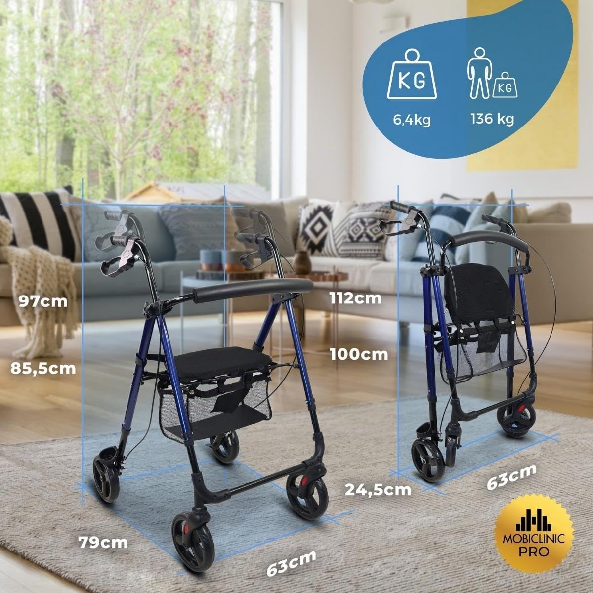 Mobiclinic®, Deambulatore per anziani, Pieghevole, Leggero, Augusto, Alluminio, Con cestino, Regolabile, Gambe e maniglie regolabili, Marchio europeo, Seduta 4 ruote, Adulti o disabili