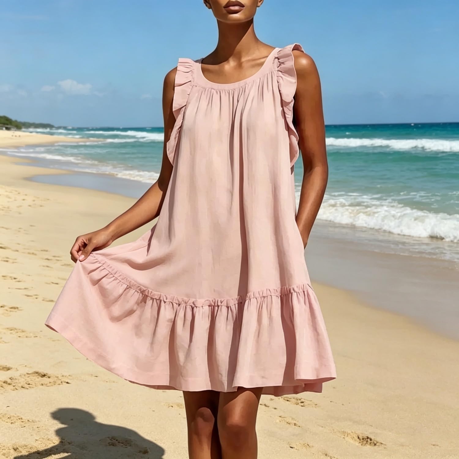 Minivestido Verde para Mujer, Estilo vacacional, sin Mangas, de Corte Holgado y con Volantes; Vestido de Verano Fluido con Dobladillo de Volantes, Ideal para la Playa y Vacaciones.