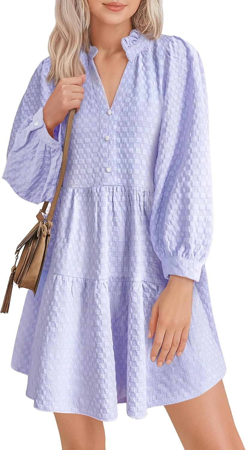 Lazysmile Dresses for Women Long Sleeve V Neck Button Down Ruffled Flowy Fall Casual Babydoll Tunic Dress