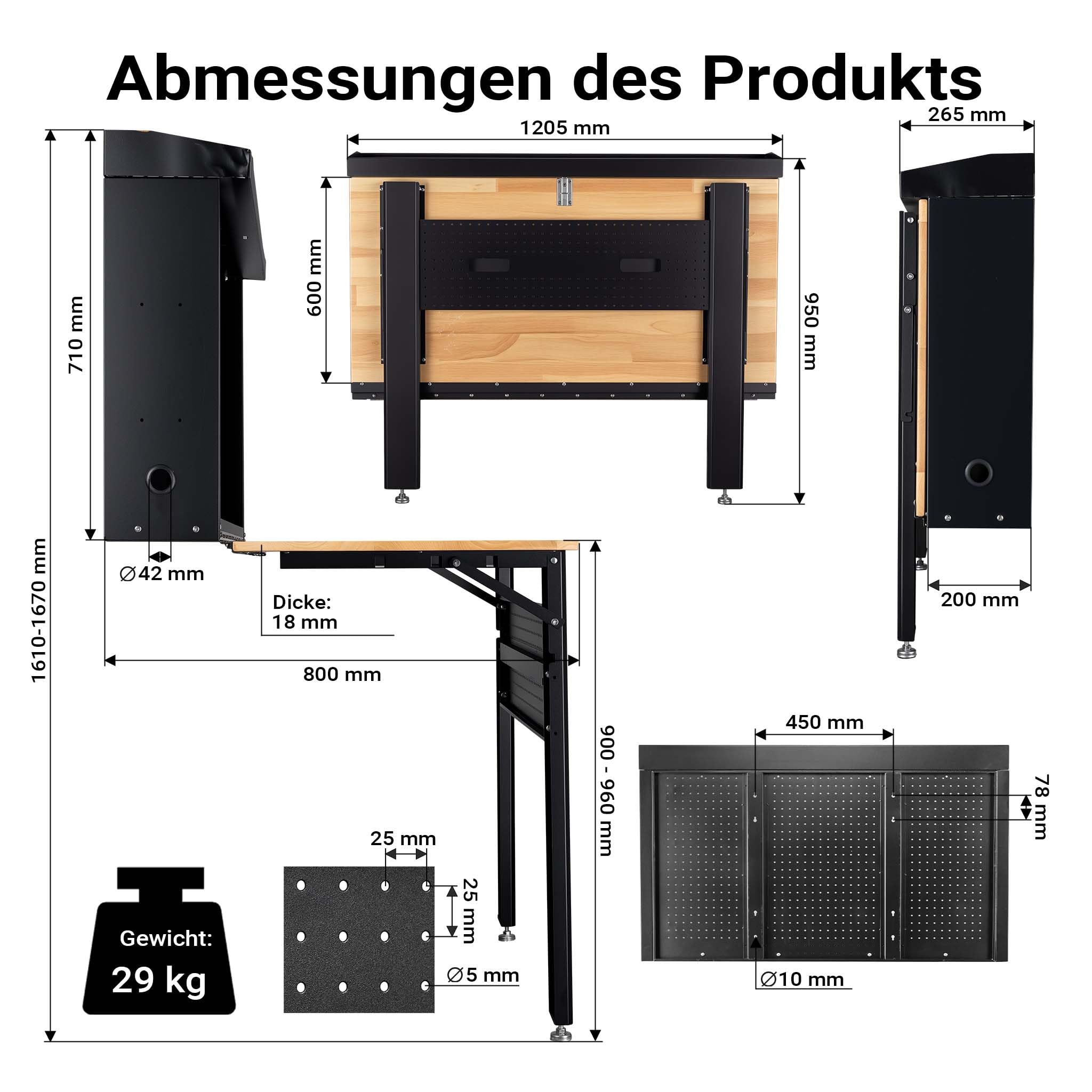 Wiltec Werkbank zur Wandmontage bis 200 kg, klappbare Werkzeugbank 120,5 x 82,5 x 162 cm mit Lochplatte als Rückwand, Werktisch mit Arbeitsplatte aus Holz