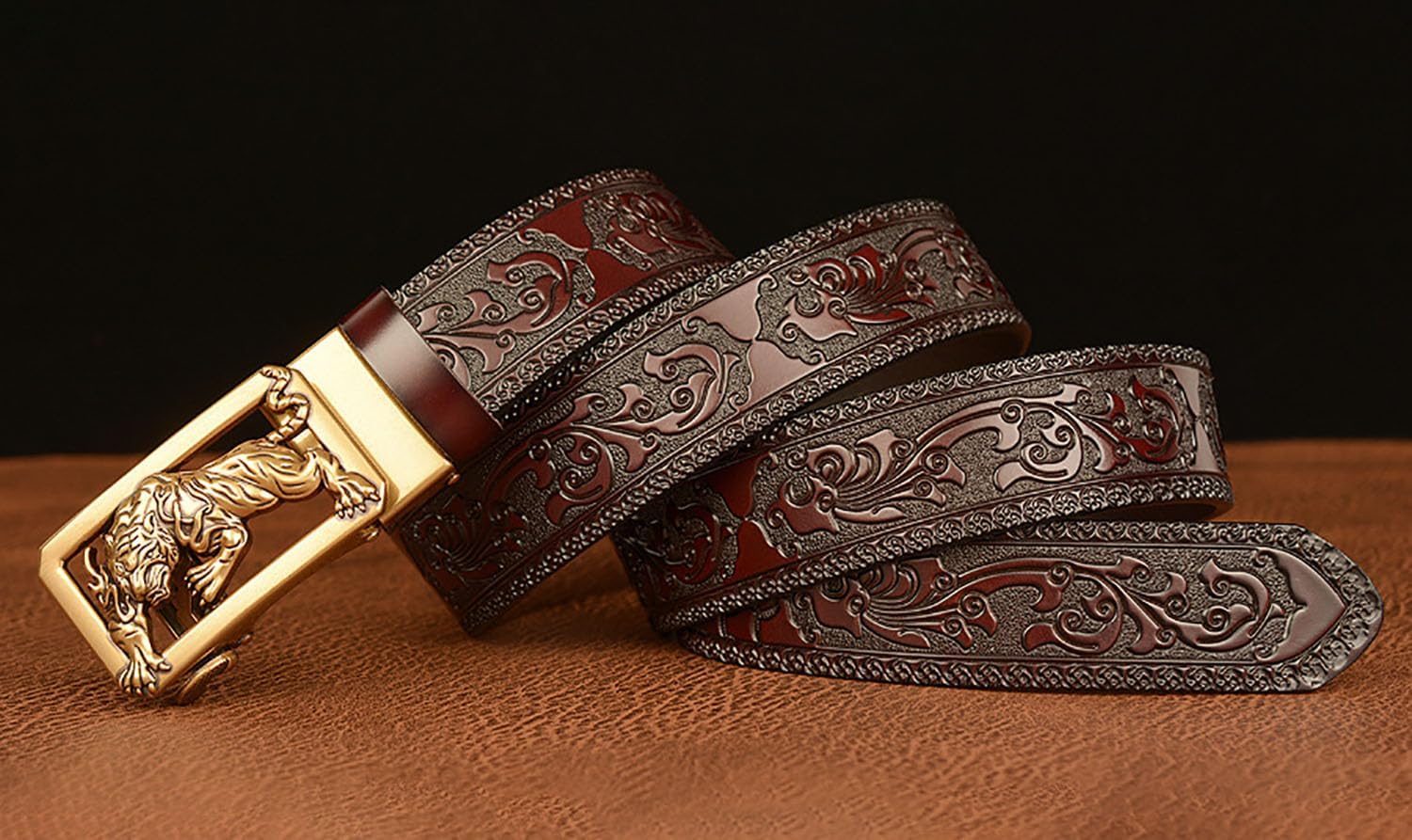 Mens Ratchet Leather Belt, Genuine Leather belts, Engraved Vintage Dragon Eagle Tiger Buckle, Business leisure belt - Image 4