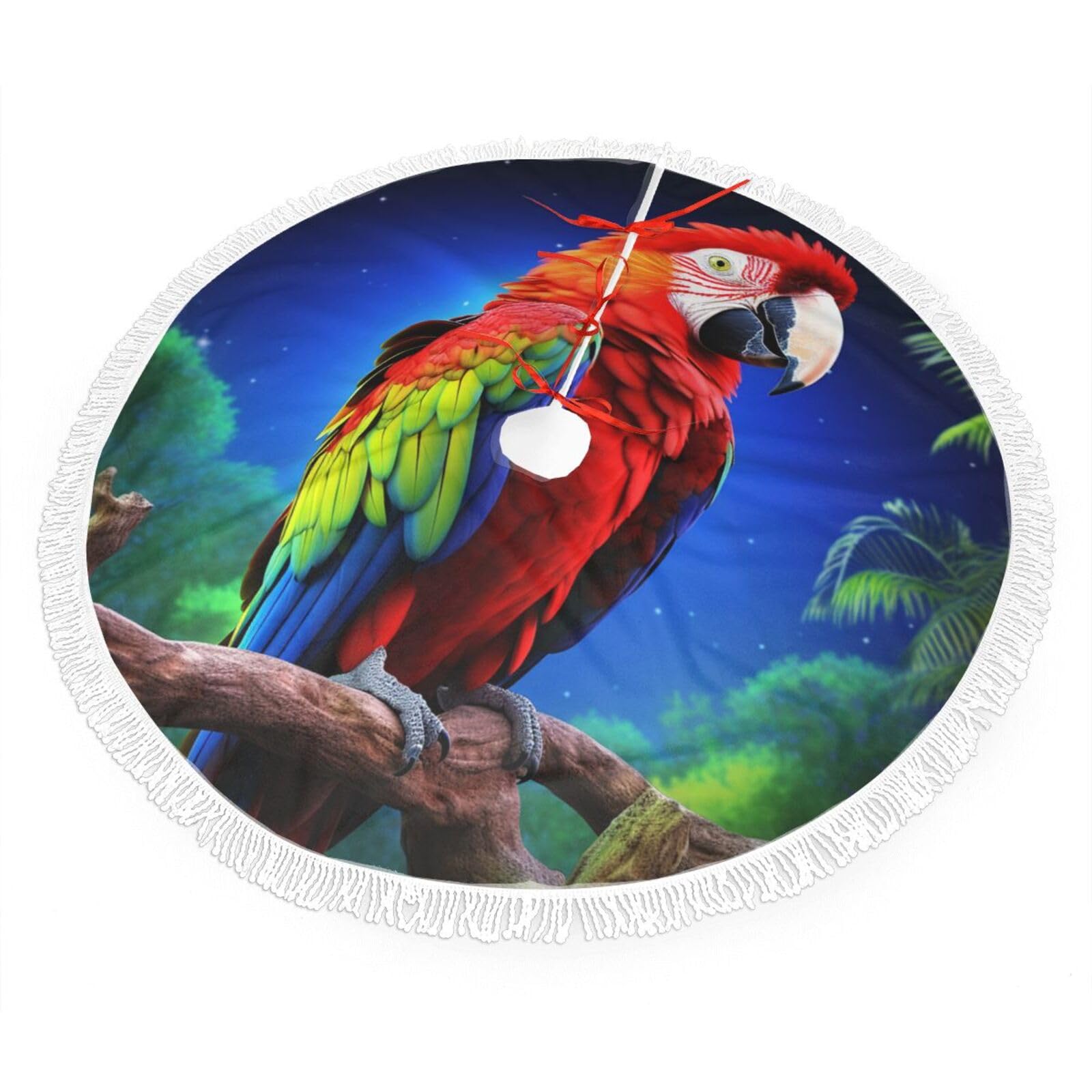 Parrot Christmas Tree Skirt 48", Soft Plush Xmas Tree Carpet with Tassel Christmas Ornaments Winter Holiday Tree Mat Decoration for Home Party Supplies