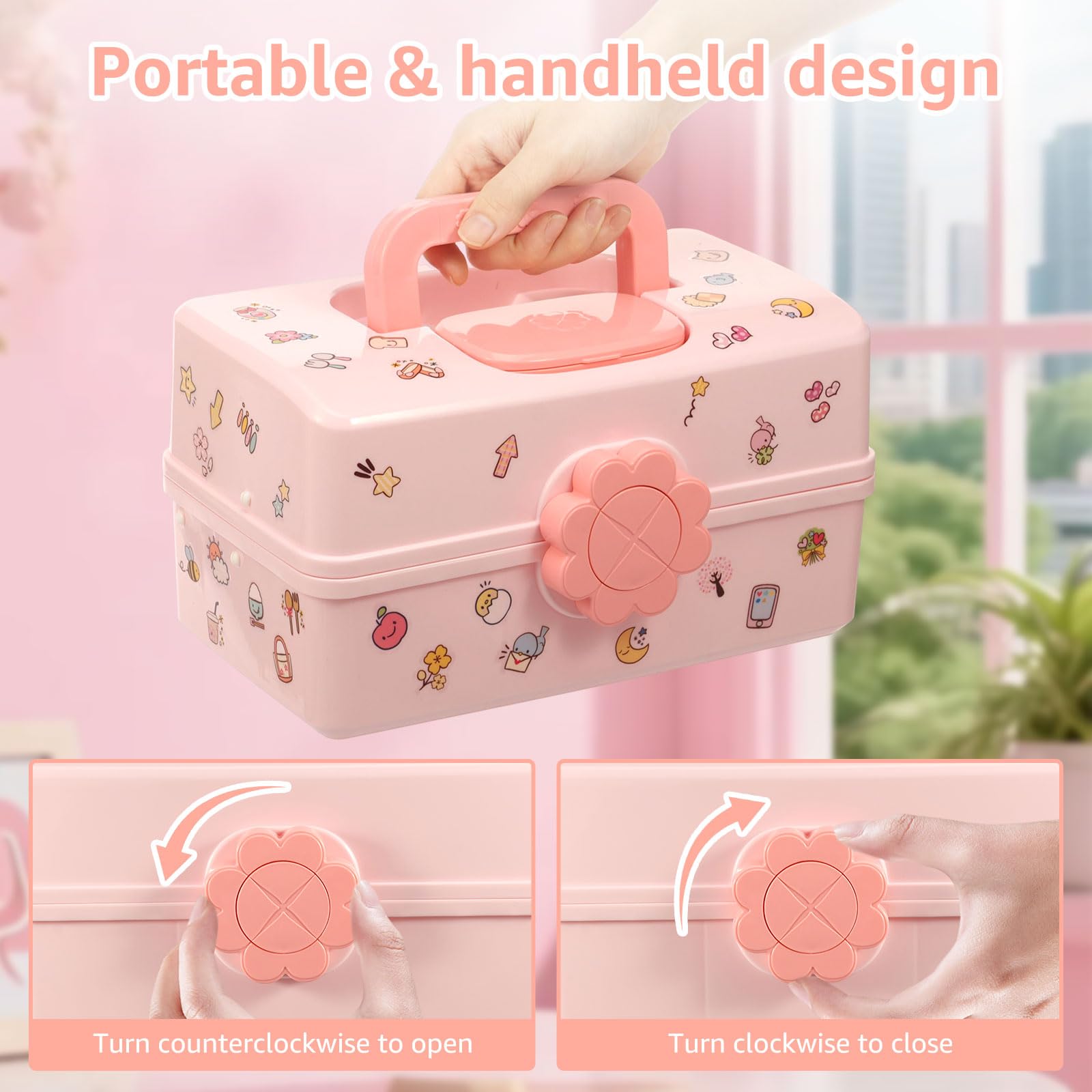Haar-Accessoires-Organizer für Mädchen und Frauen, Rosa, 3-lagig, Mehrzweck-Aufbewahrungsbox mit abschließbarem und Griff, niedlicher Haar-Accessoire-Organizer, tragbare Bastelaufbewahrungsboxen zum