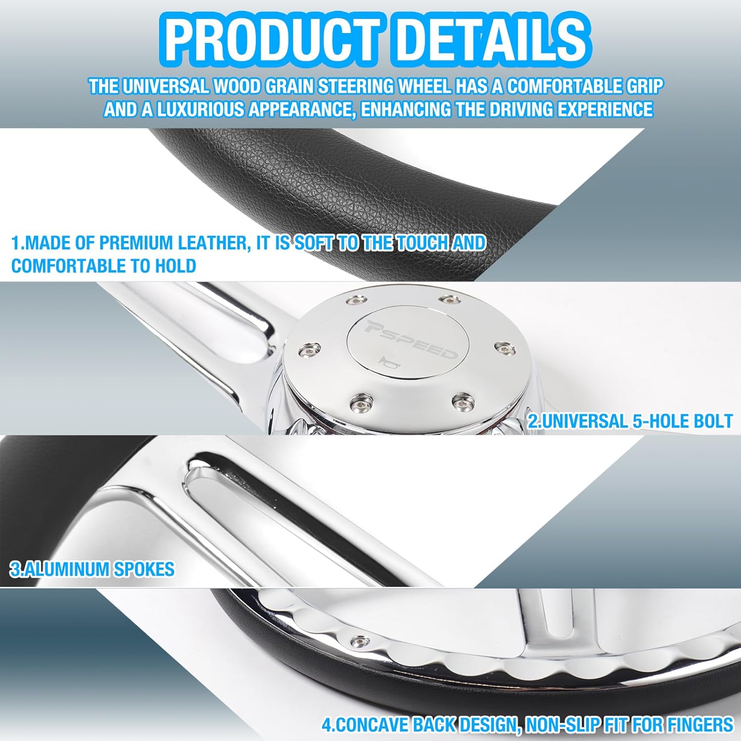 18 inch Truck Steering Wheel 5-Bolt 4-Spoke Design Chrome-Plated Aluminum Alloy,Deep Dish 50mm,Fit for Kenworth, for Peterbilt, for Volvo Semi Trucks,for Freightliner 18 in steering wheel