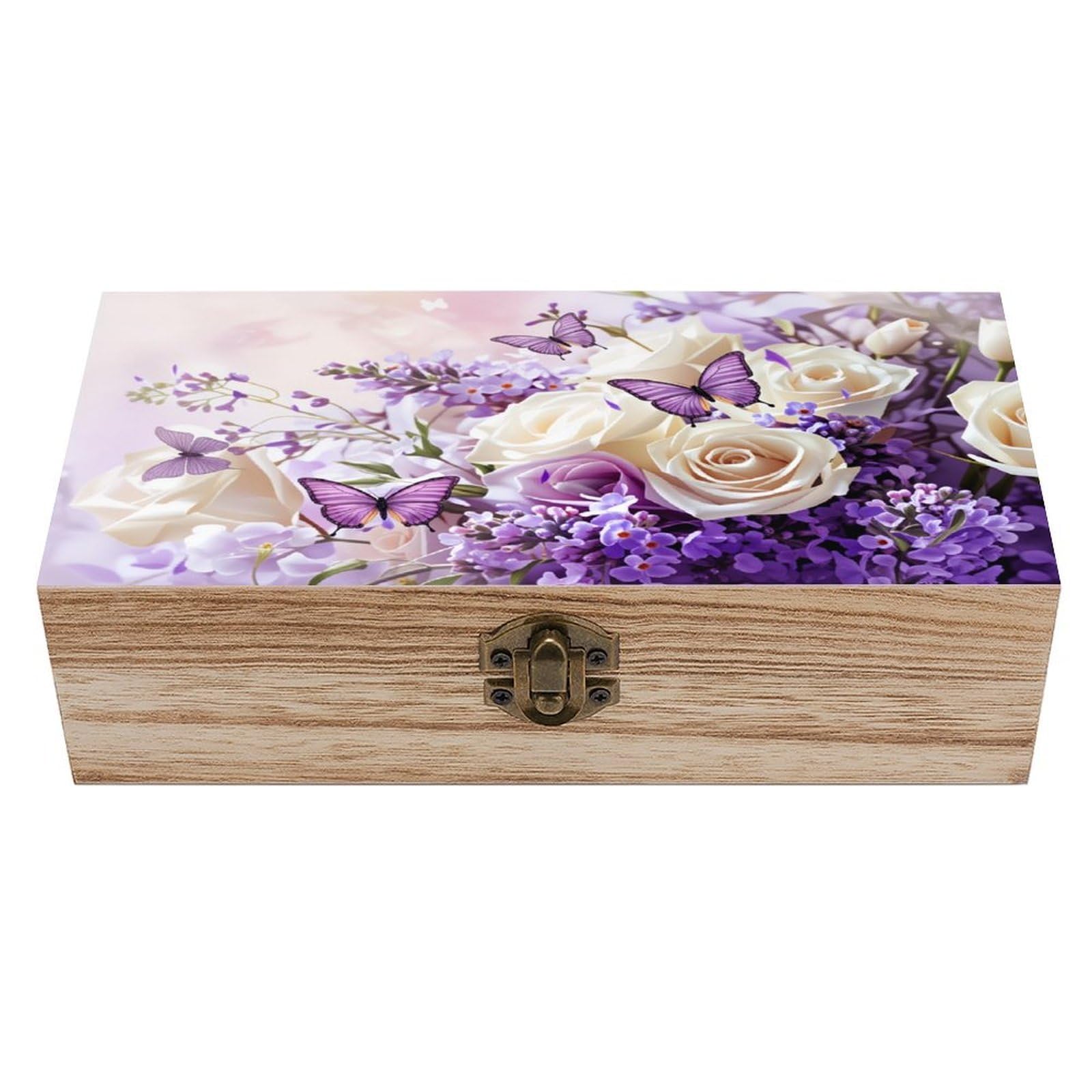 asbwuo Purple Butterfly Floral Vintage Wooden Keepsake Box