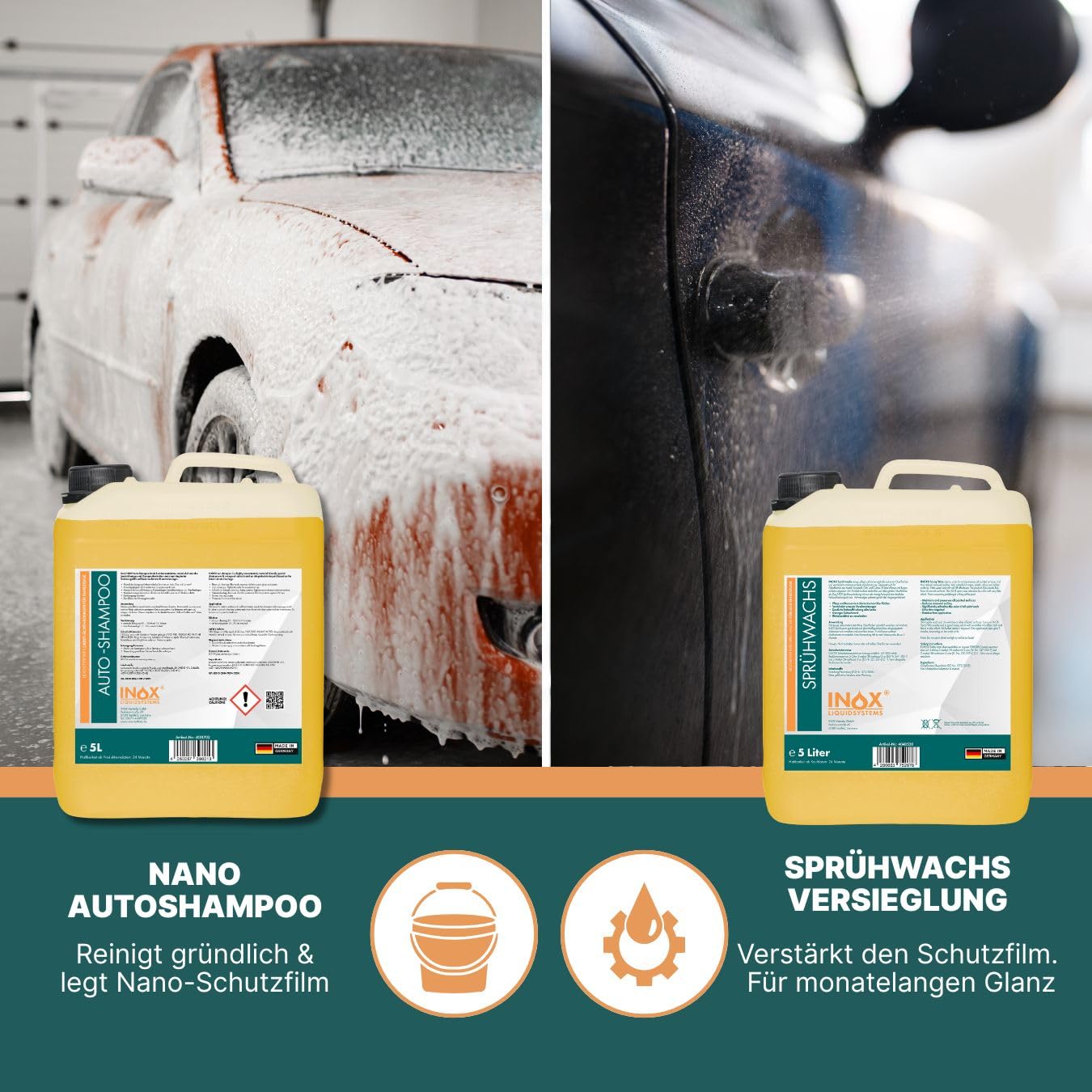 INOX® Sprühwachs 5L + Autoshampoo 5L | Hochwertiges Autowachs mit Abperleffekt | Auto Wax zur Lackversiegelung mit Glanzschutz | Autoreiniger für PKW, LKW, Wohnmobil und Motorrad