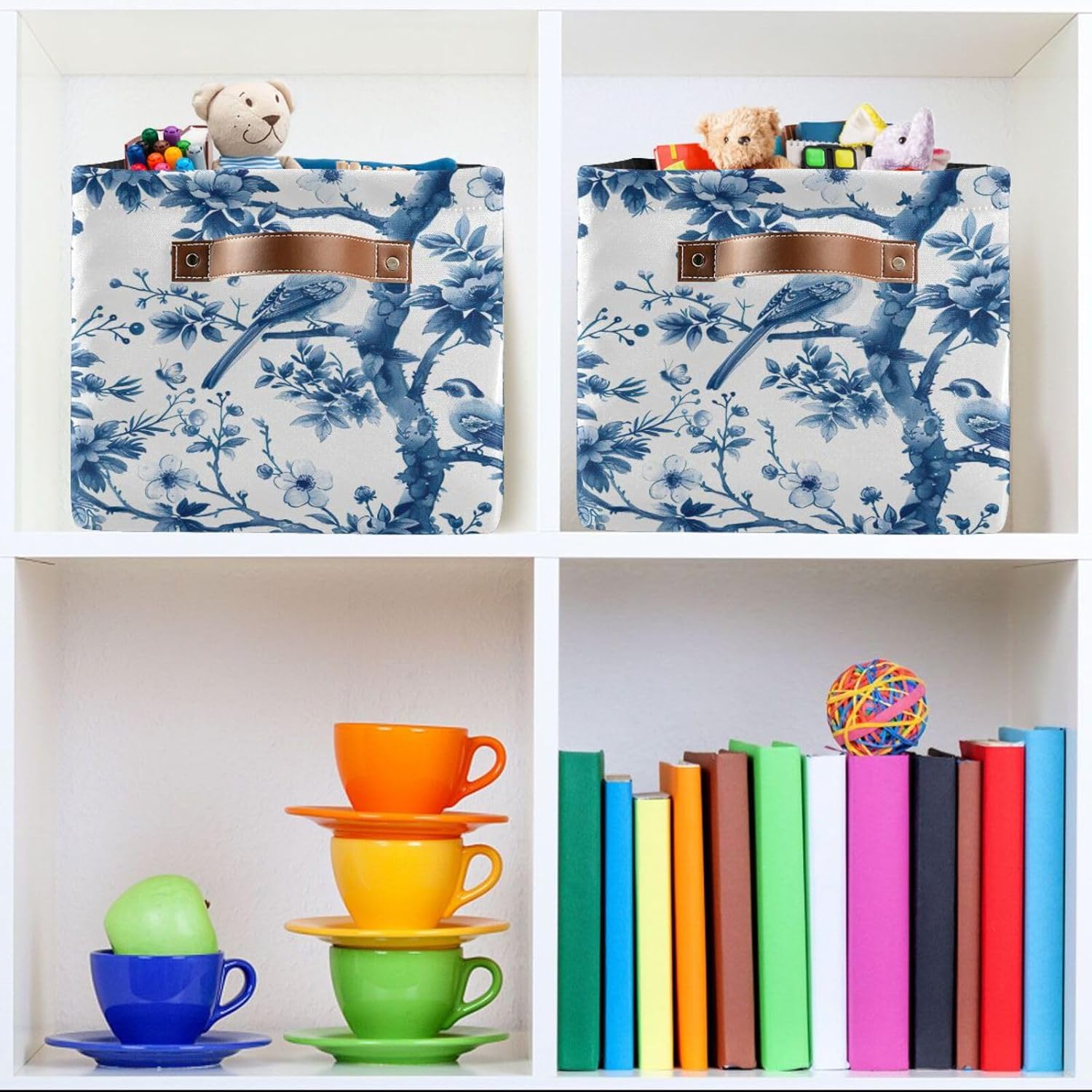 Blue White Porcelain Storage Basket Bin Canvas Fabric Organizer Toys Basket with Handles for Home Office Nursery, Clothes, Gifts, 2 Pcs