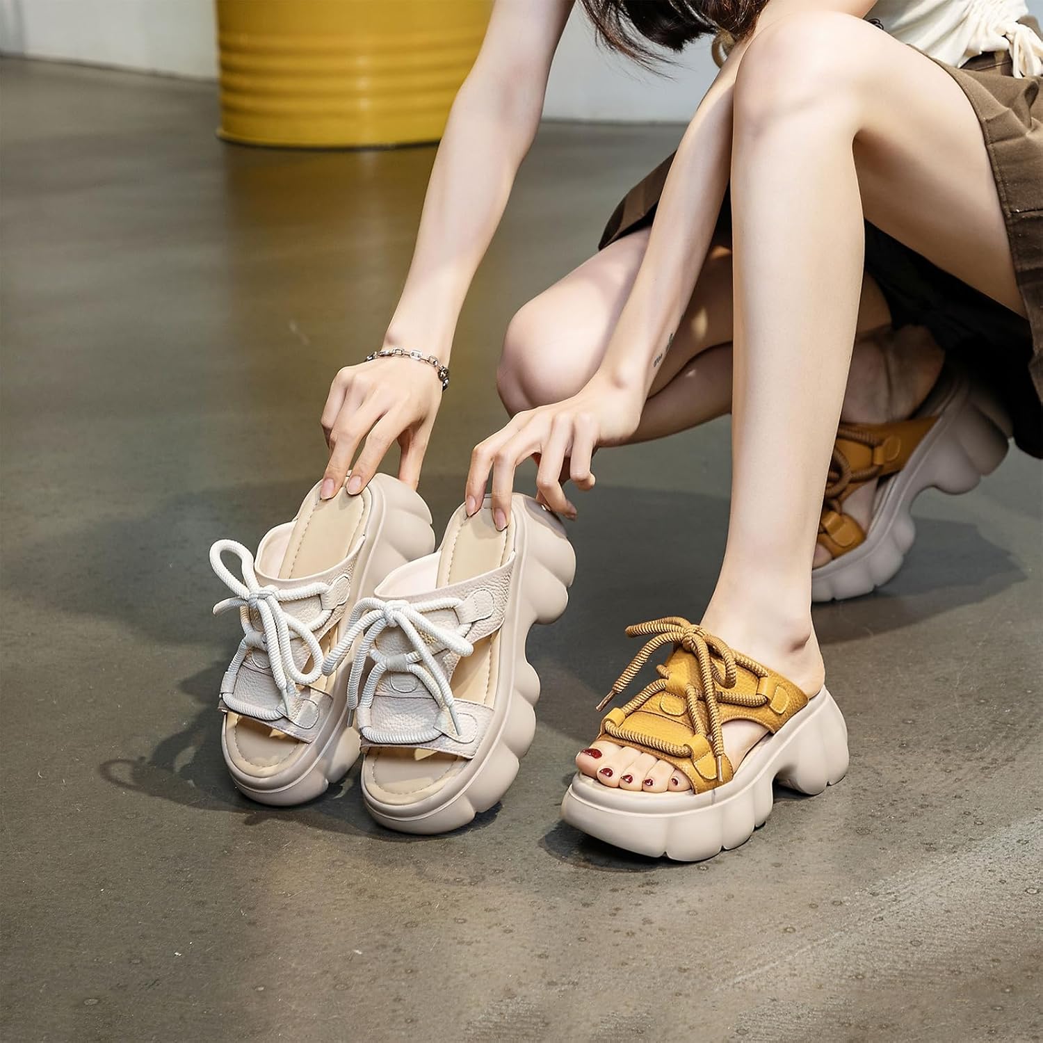 Women's Chunky Platform Genuine Leather Sandals Round Toe Lace-Up Chunky Heel Comfortable Slip-On Open-Toe Walking Slippers Summer Soft-Soled Non-Slip Sports Sandals