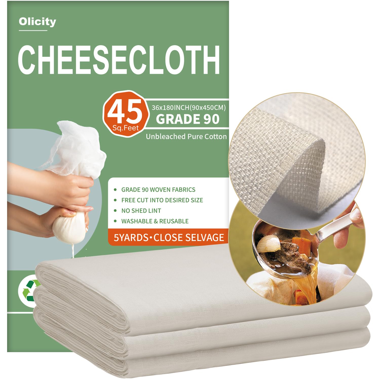 Olicity Cheese Cloths, Grade 90, 45 Sq Feet, Reusable Cheese Cloth