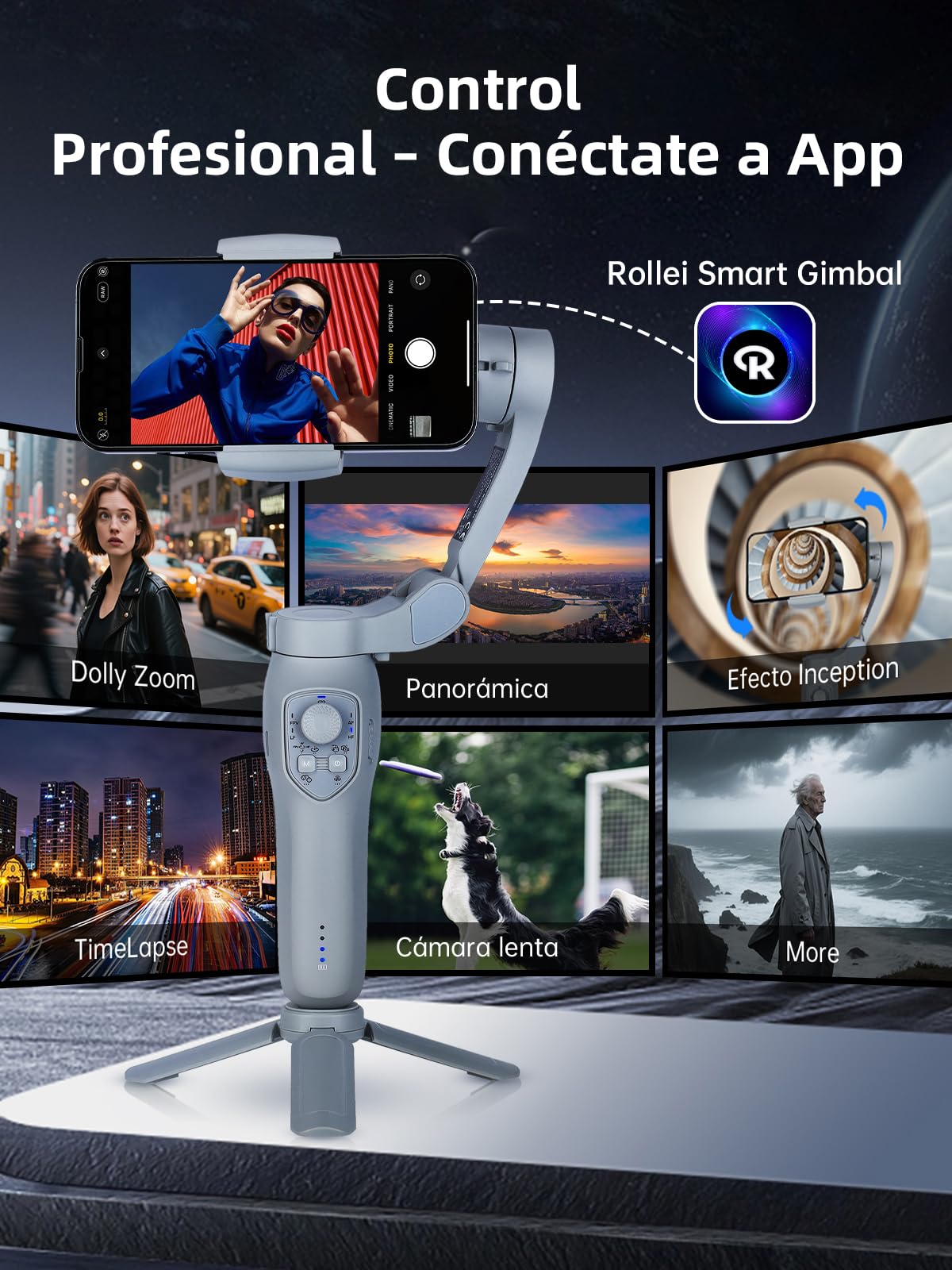 Rollei Steady Butler Mobile 3 SE Gimbal para Móvil, Estabilizador 3 Ejes Ligero y Plegable Compatible con iPhone 16/15/14/13/12 Pro MAX y Android para Grabación de Video TikTok Youtube Instagram Vlog