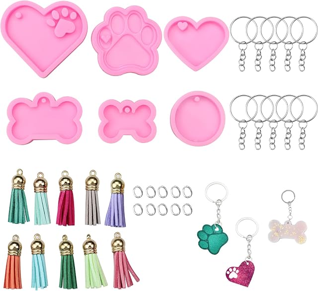 oupados 6 Pieces Pet Paw Shape Handmade Keychain Silicone Mold and 10pcs Keyrings, Pet Tag Resin Moulds for DIY Crafts, DIY Keychains, Include Dog Bone Shaped, Pet Paw, Heart and Circle