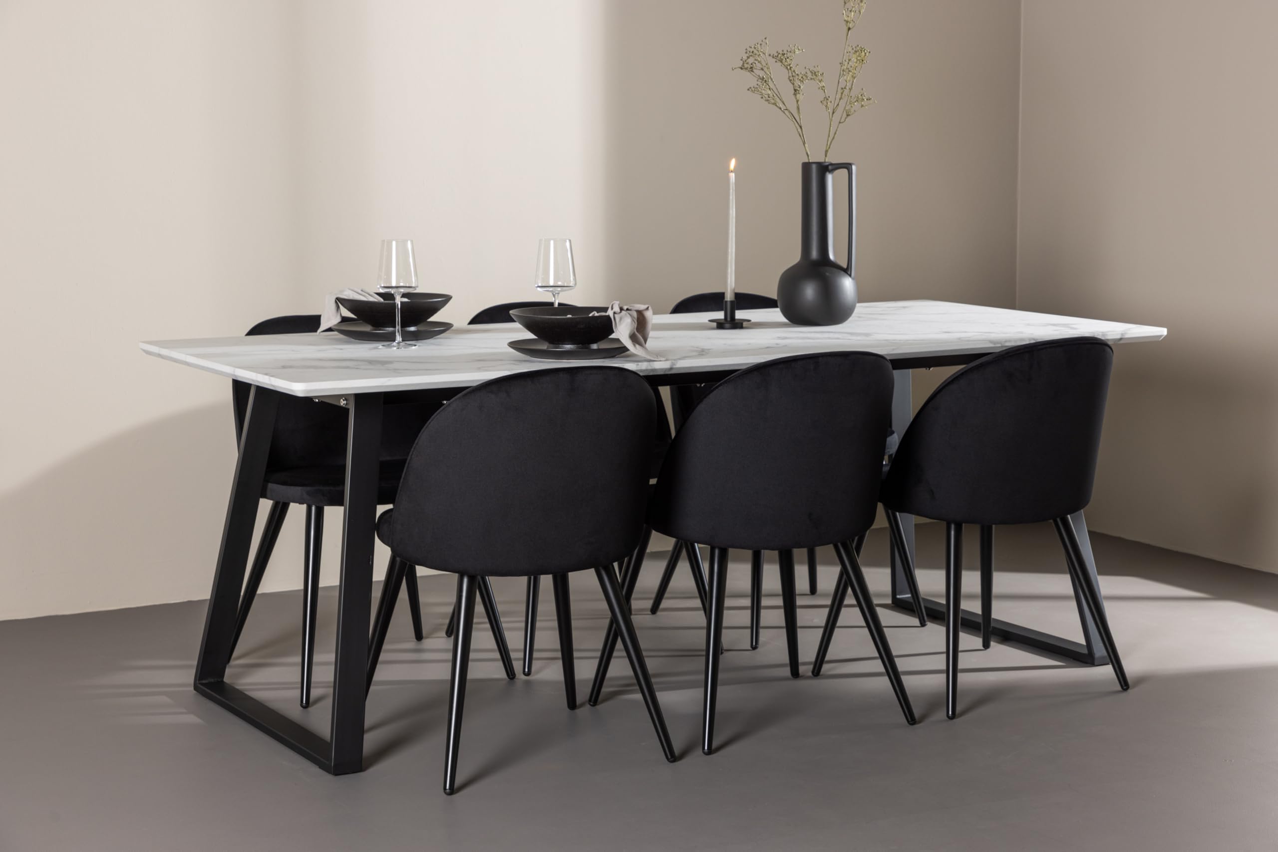 Essgruppe mit 6 Stühlen - Malaga Esstisch 90x200 cm Weiß mit 6 Skagen Stühlen Schwarz Velours skandinavisch Esszimmerset Tischgruppe 6 Personen Skandi Design Essbereich
