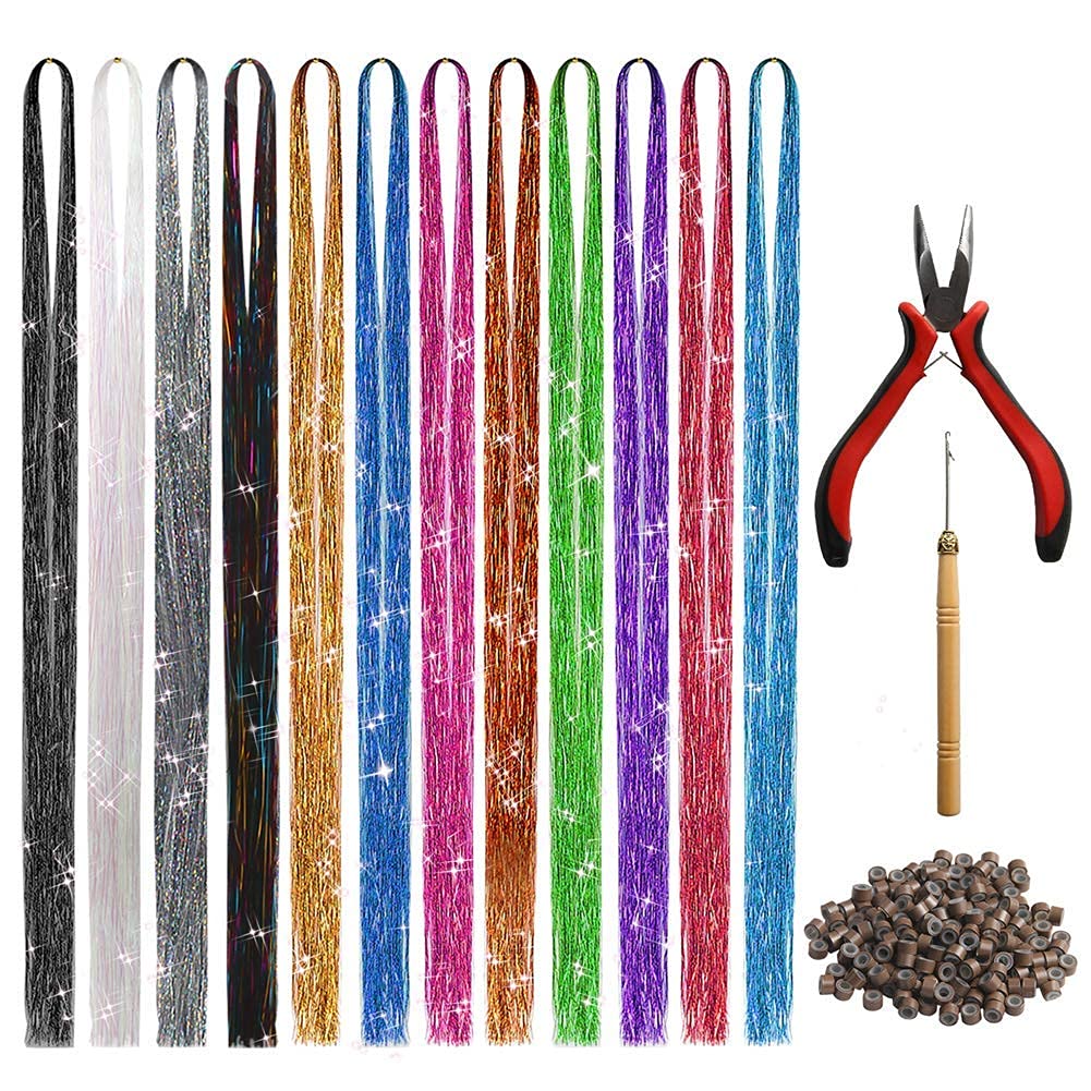 47Inches Hair Extension Tinsel with Tool 12 Colors 2400 Strands Hair Extension Tinsel Kit Glitter Hair Extensions Accessories