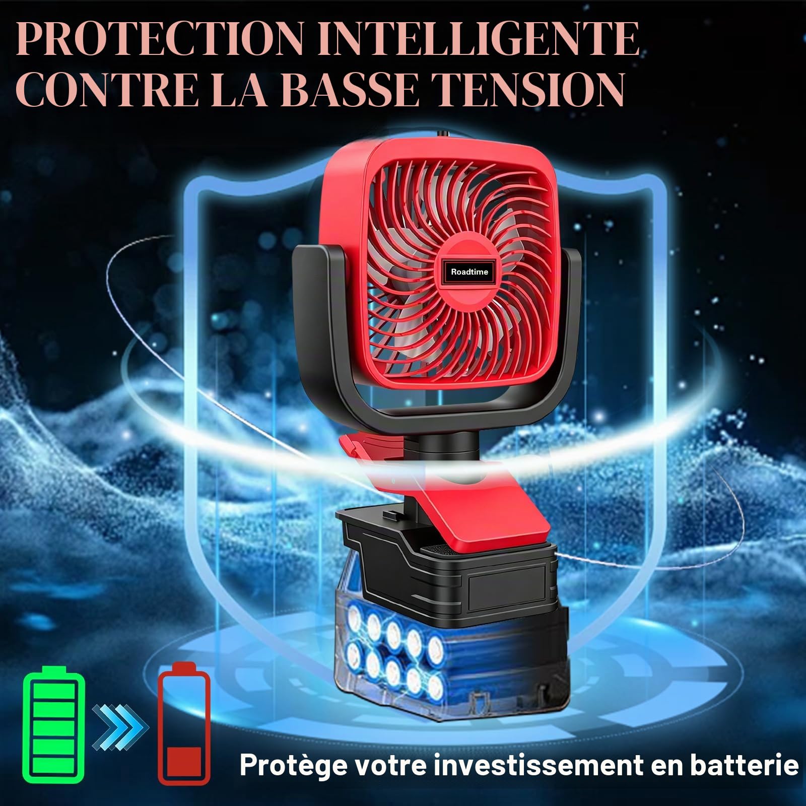 Roadtime Ventilateur à clip sans fil pour Milwaukee 18V (sans batterie) | 4 pouces, ventilateur portable à clip, 3 vitesses, angle d'inclinaison réglable, pour camping, voyage, chantier
