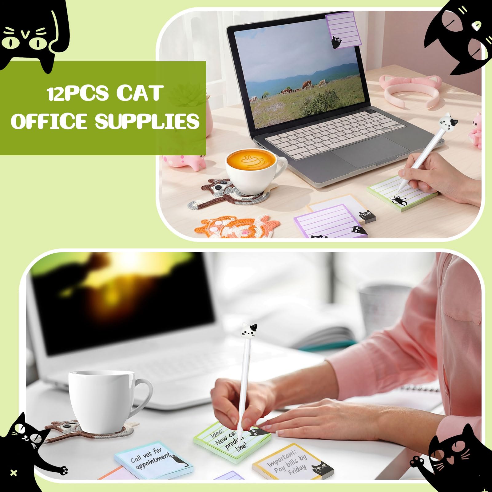 12 articoli per ufficio per gatti inclusi 6 penne Kawaii, penne da scrittura con inchiostro nero da 0,5 mm, 6 blocchetti di note adesive, 7,6 x 7,6 cm, carini autoadesivi per ufficio e scuola