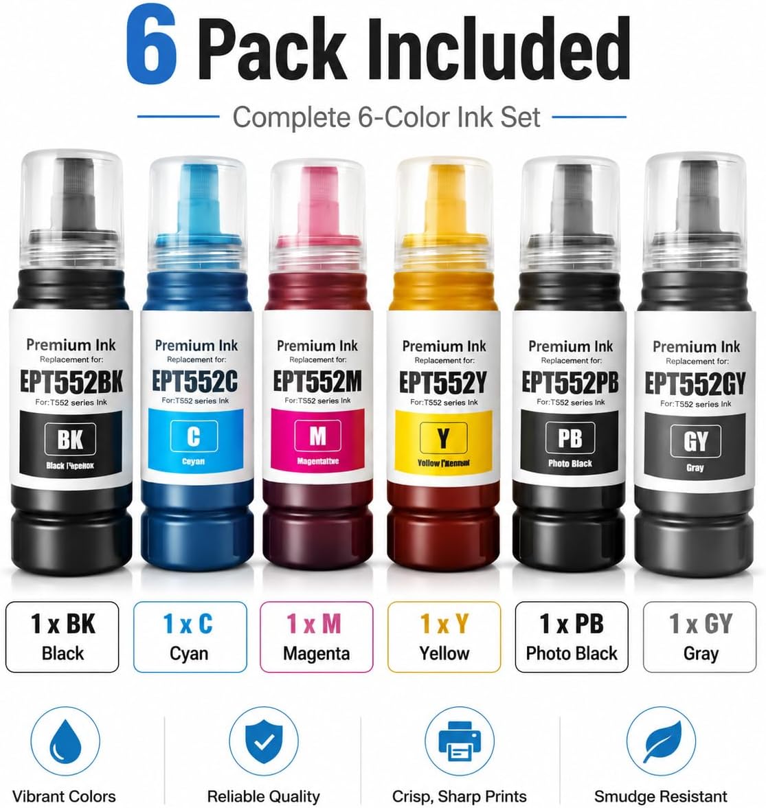 552 Ink Refill Bottles 6 Pack Compatible with Photo ET-8550 ET-8500 Printer, Auto-Stop 552 Ink Replacement, BK PB C M Y GY, Not Sublimation Ink