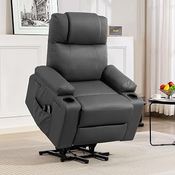 Power Lift Recliner Chair for Elderly with Heat & Massage, 160 Electric Adjustable PU Leather Recliner with Remote Control, Stand Assist, Cup Holders & Side Pockets for Living Room Dark Grey