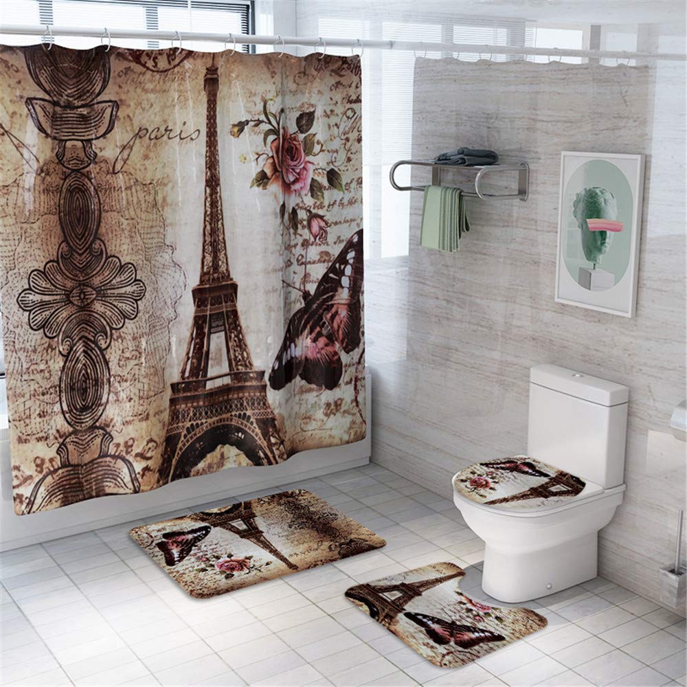 Ensemble Tapis De Salle De Bain 3 Pièces Antidérapant - Motif Lignes Noires, Contour WC Et Coussin Siège - 9