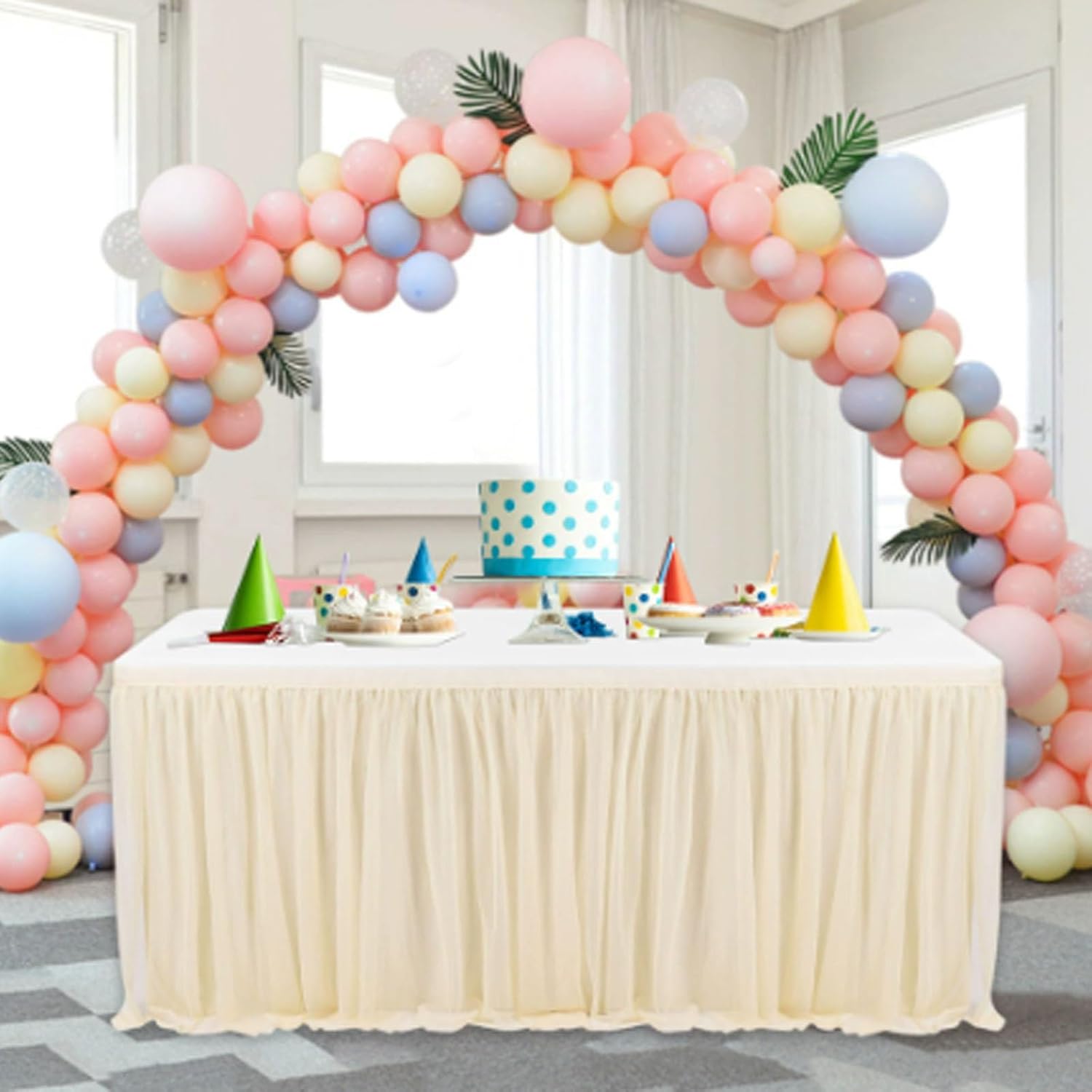 9FT Table Skirt Tablecloth, Mint Green Table Skirt Tablecloth Tulle Party Supply, Baby Shower Gender Reveal Cake Dessert Buffet Decoration(Off-white,8x 2.52f/243x 77cm)