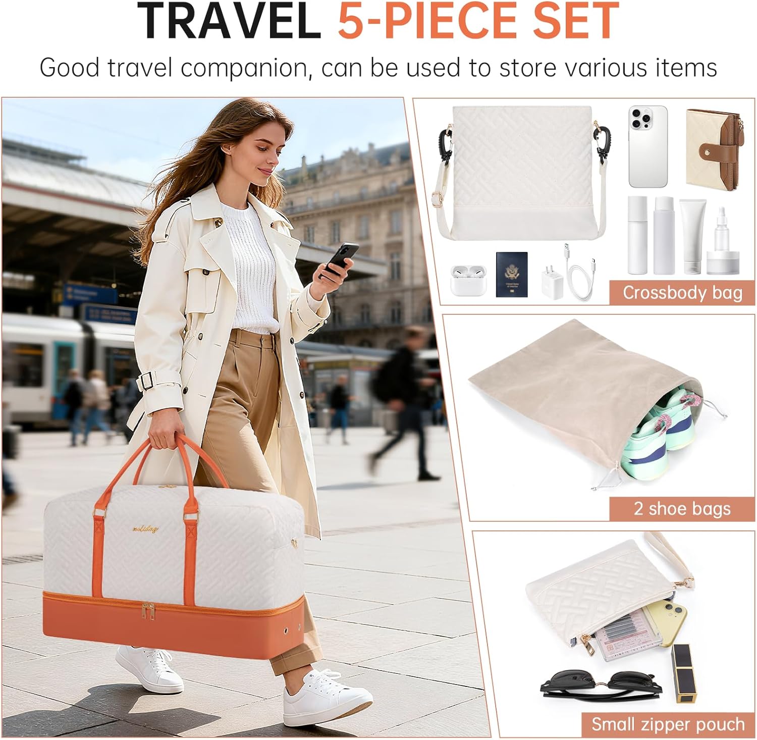 Weekender Bag for Women, 5 Pcs Set Carry on Overnight Bag, 21" Travel Duffel Bag with Waterproof Shoe Compartment for Weekend Travel Business Trip - Image 6