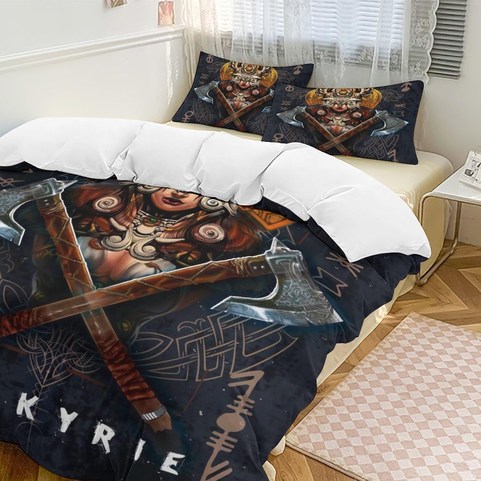 LDZDGD Viking Duvet Cover Queen, Norse Totem Symbols Pattern Quilt Cover, Farmhouse Rustic Bedding Comforter Sets (Color : Valkyrie, Size : 229 x 229CM): 229 x 229CM Valkyrie