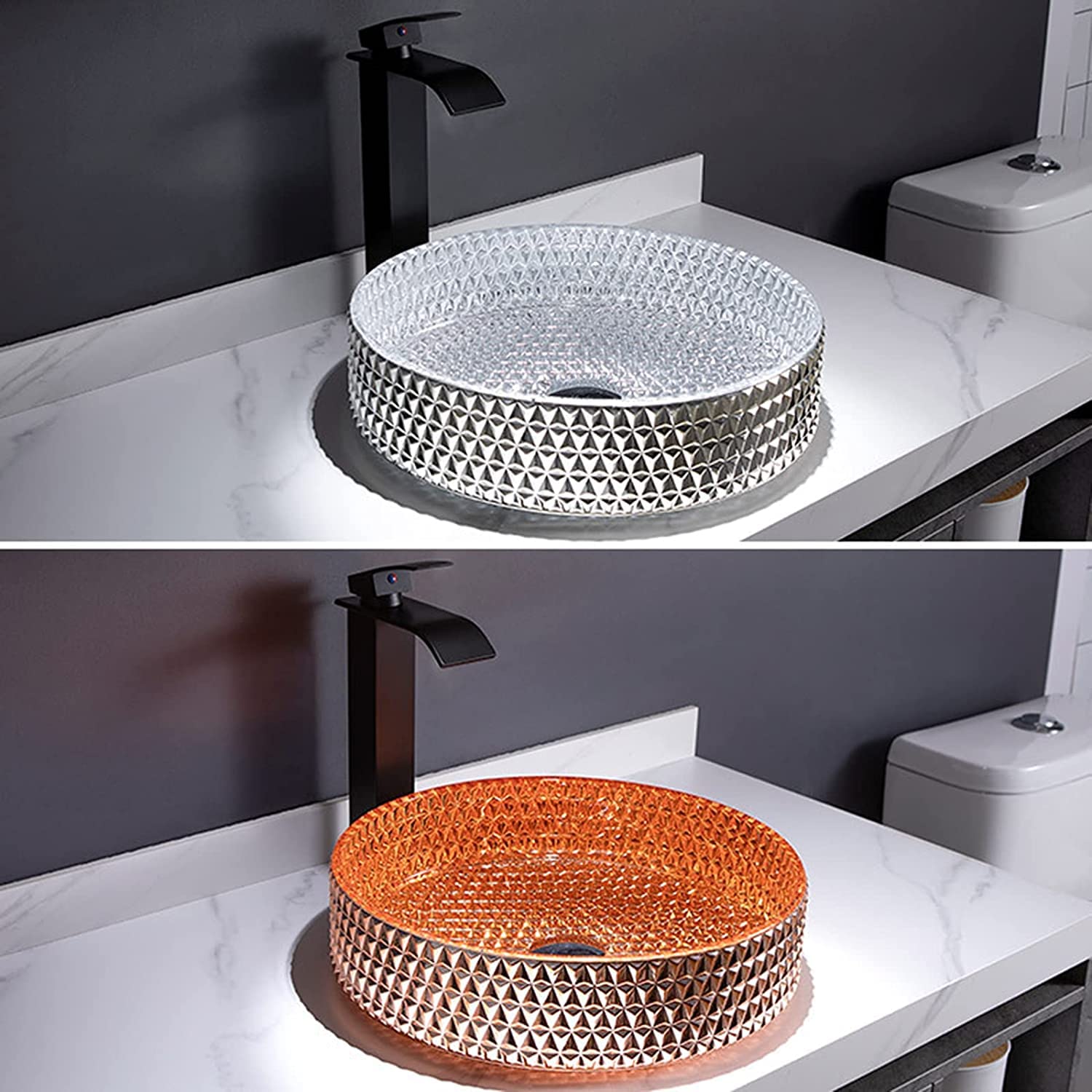 Ceramiczna umywalka łazienkowa umywalka łazienkowa 400 mm okrągły zlew ze szkła kryształowego, artystyczna umywalka łazienkowa umywalka, kreatywna umywalka nablatowa z fauce, srebrna