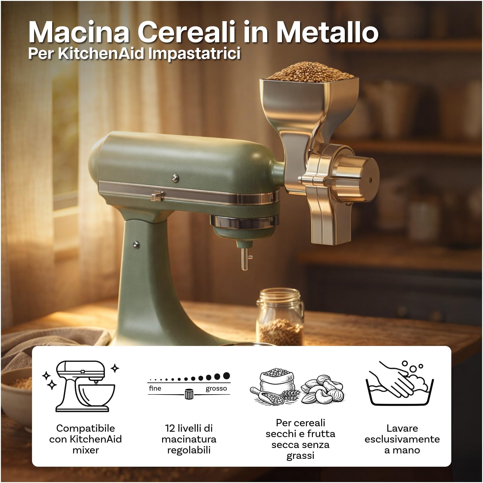 Accessorio per Mulino a Grano per KitchenAid Stand Mixer – 12 Livelli di Macinatura Regolabili – Macina in Metallo per Macinare Grano, Mais, Avena, Noci, Fagioli di Caffè & Altri Cereali