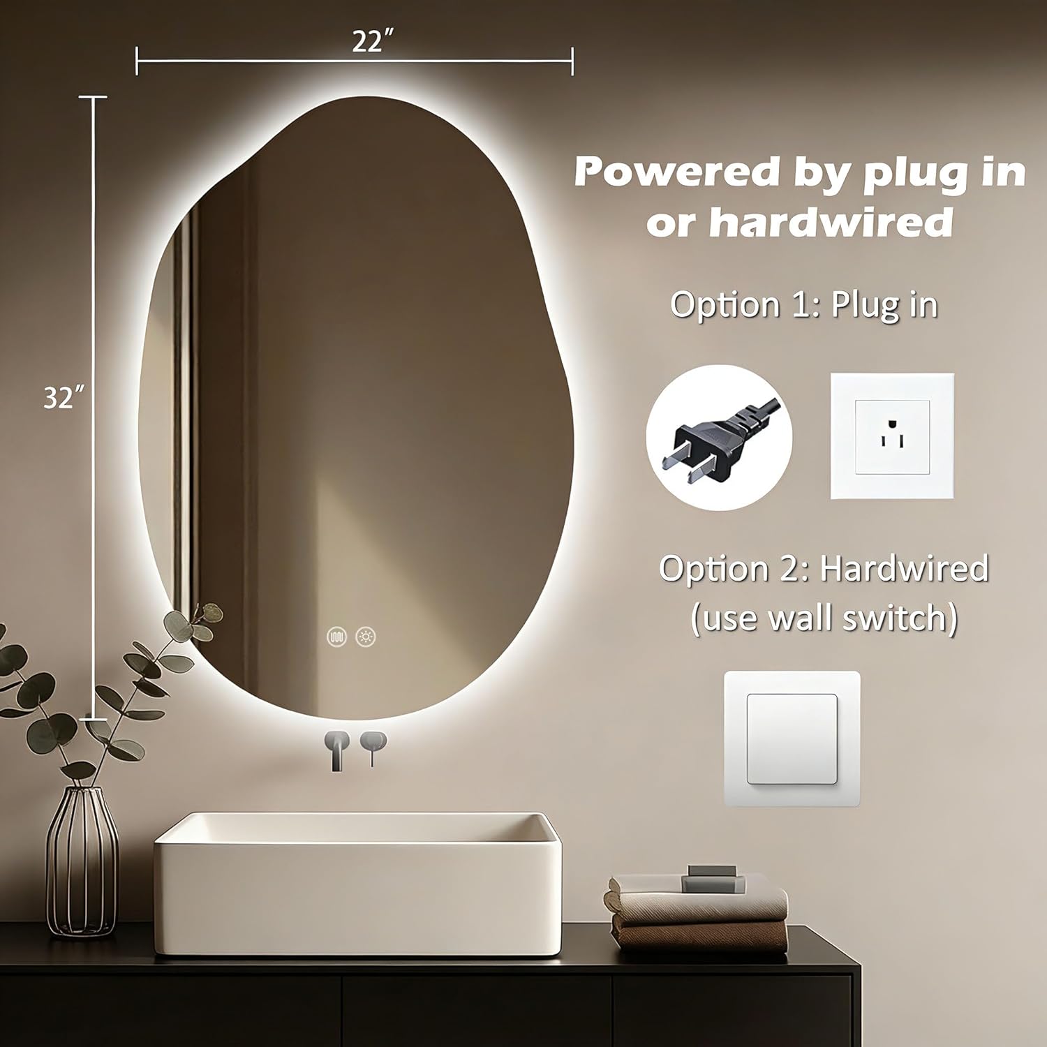 LED Bathroom Mirror with Lights, 22x32 Inch LED Bathroom Vanity Mirror Irregular Backlit Mirror for Bathroom with 3 Colors, Dimmable, Anti-Fog, Memory, Al-Alloy Lampshade (Horizontal/Vertical)