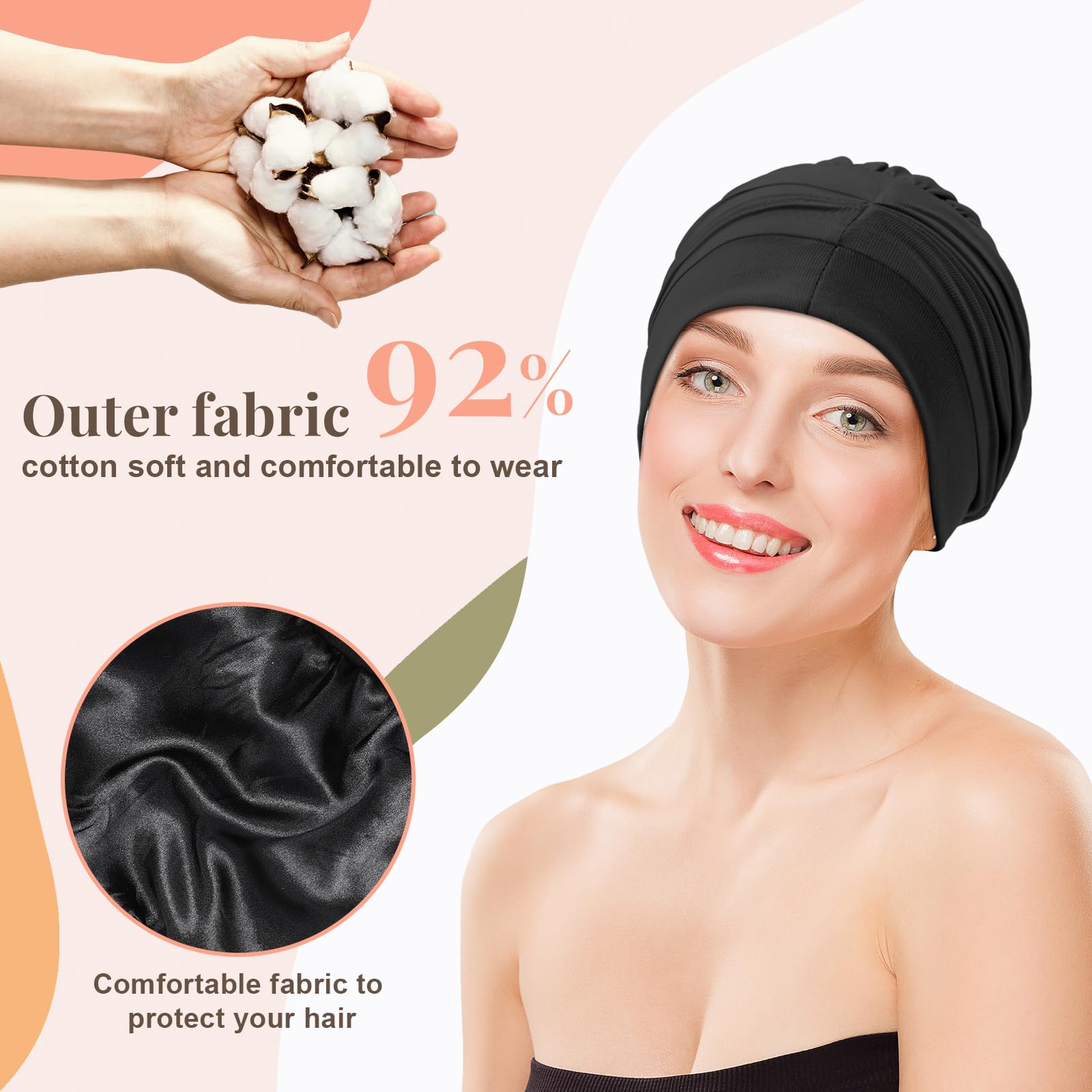 JenPen 4 gorros de dormir con forro de satén para mujer, gorro de seda suave, turbante para quimioterapia, cubiertas para la cabeza, envolturas para el cabello para pacientes con cáncer y pérdida de