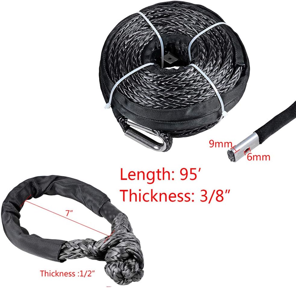 95ft x 3/8" Synthetic Winch Rope Cable 20500LBs and 2pcs 1/2 inch (oft Shackle Rope for Truck Boat ATV UTV Ramsey Jeep 4x4 (Black Gray)