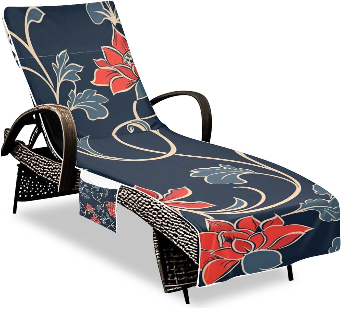 Red Traditional Floral Design Patio Chaise Lounge Chair Cover Microfiber Soft Beach Chair Cover with Windproof Straps for Outdoor Sunbathing Trips, 85" X 30"