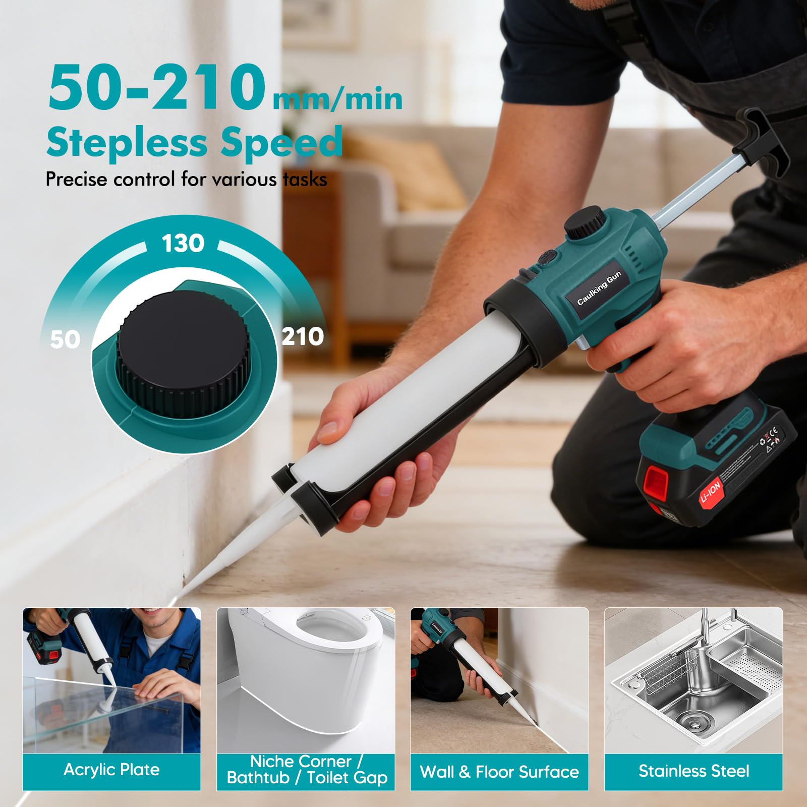 Pistola Silicone a Batteria, 300ML Pistola a Cartuccia Elettrica con Velocità Regolabile 50-210 mm/min, Pistola per Silicone a Batteria con 2 Batterie da 2,0 Ah, Luce LED, Antigoccia per Sigillatura