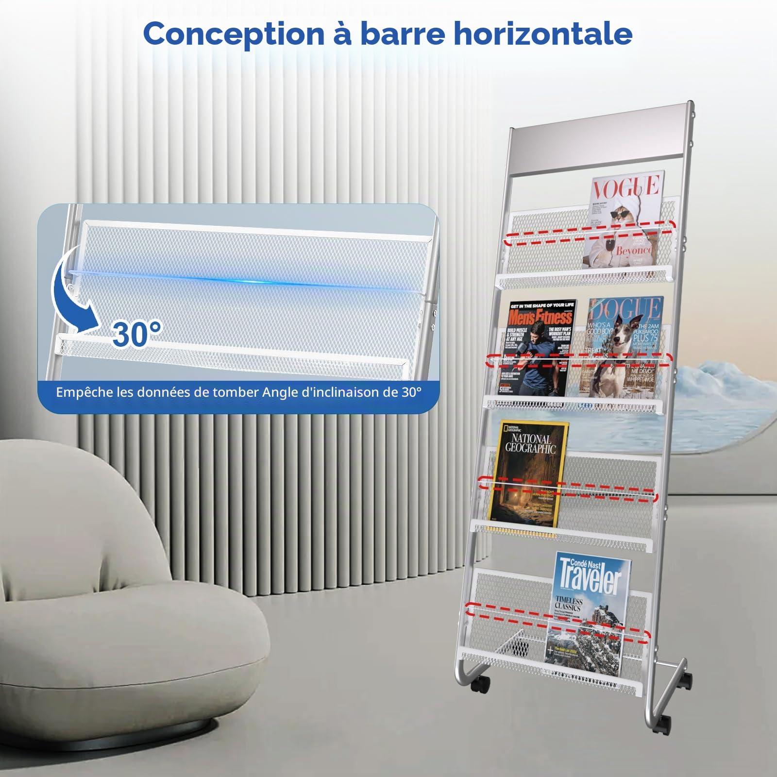 Porte-revues avec roulettes, présentoir de littérature avec 4 poches, support à poser au sol, porte-revues, brochures, argent