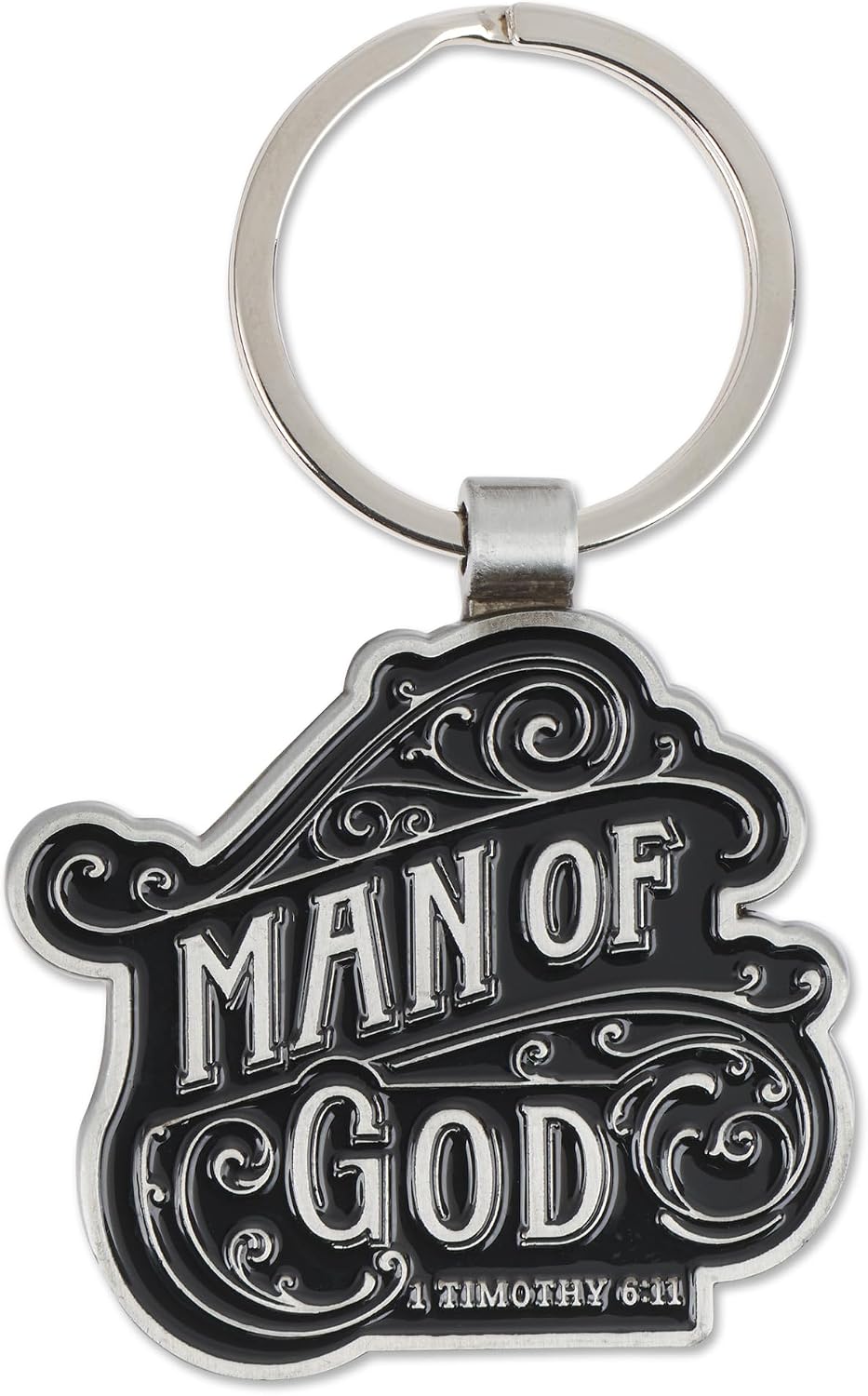Christian Art Gifts Inspirational Scripture Metal Keychain for Men, Dads, Students, Grads: Man of God Encouraging Bible Verse, Stylish Stamped Keyring Accessory, Car Keys, Lanyards, Silver & Black