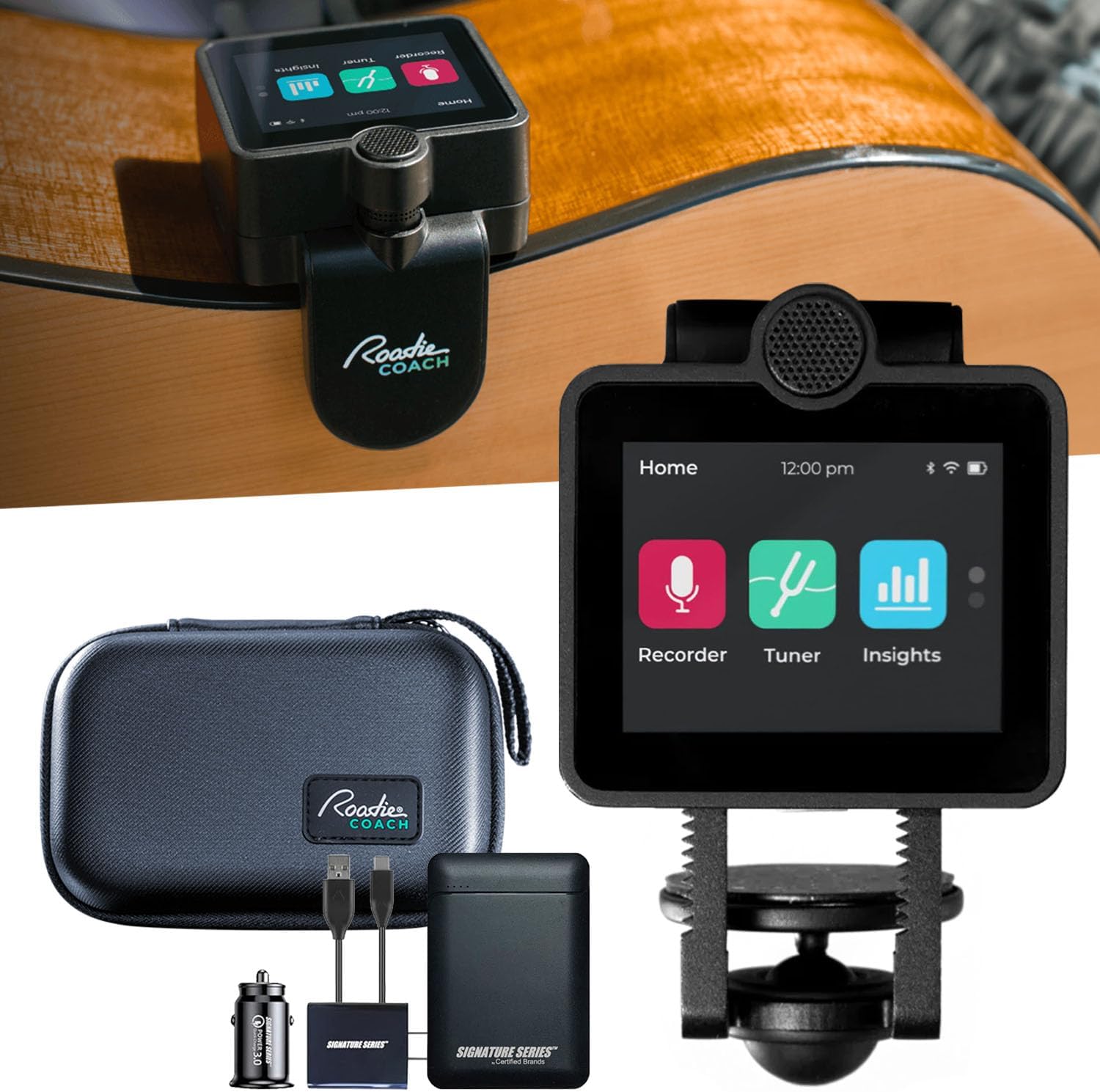 Roadie Coach Portable High-Quailty MIDI Controller, Voice and Instrument Recorder | Learn Guitar, Ukulele & Singing, Dual Microphones | AI Feedback, Multi-Tool Tuner with Case & Signature Power Bundle
