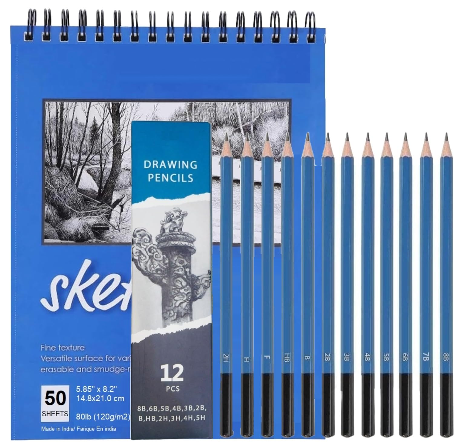 Corslet Pack of 13 Artist Pencil for Sketching Drawing Pencil Set for Artists 12 Pc Sketch Pencil 8B 6B 5B 4B 3B 2B B HB 2H 3H 4H 5H Drawing Pencils with 50 Sheets A5 Sketchbook