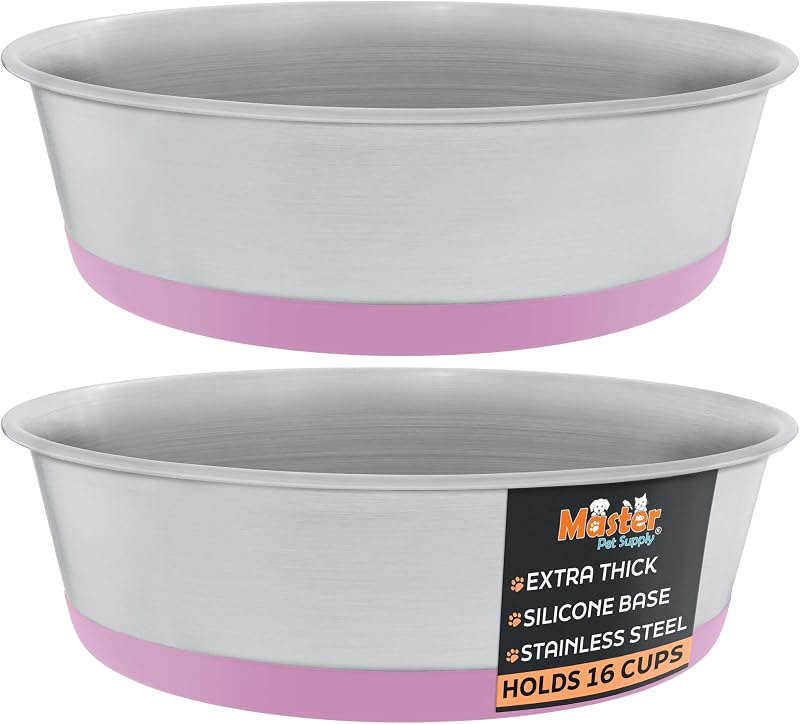 Tigelas para cães e gatos em aço inoxidável com base de silicone, Hyper Pink, 16 xícaras, pacote com 2 — Master Pet Supply