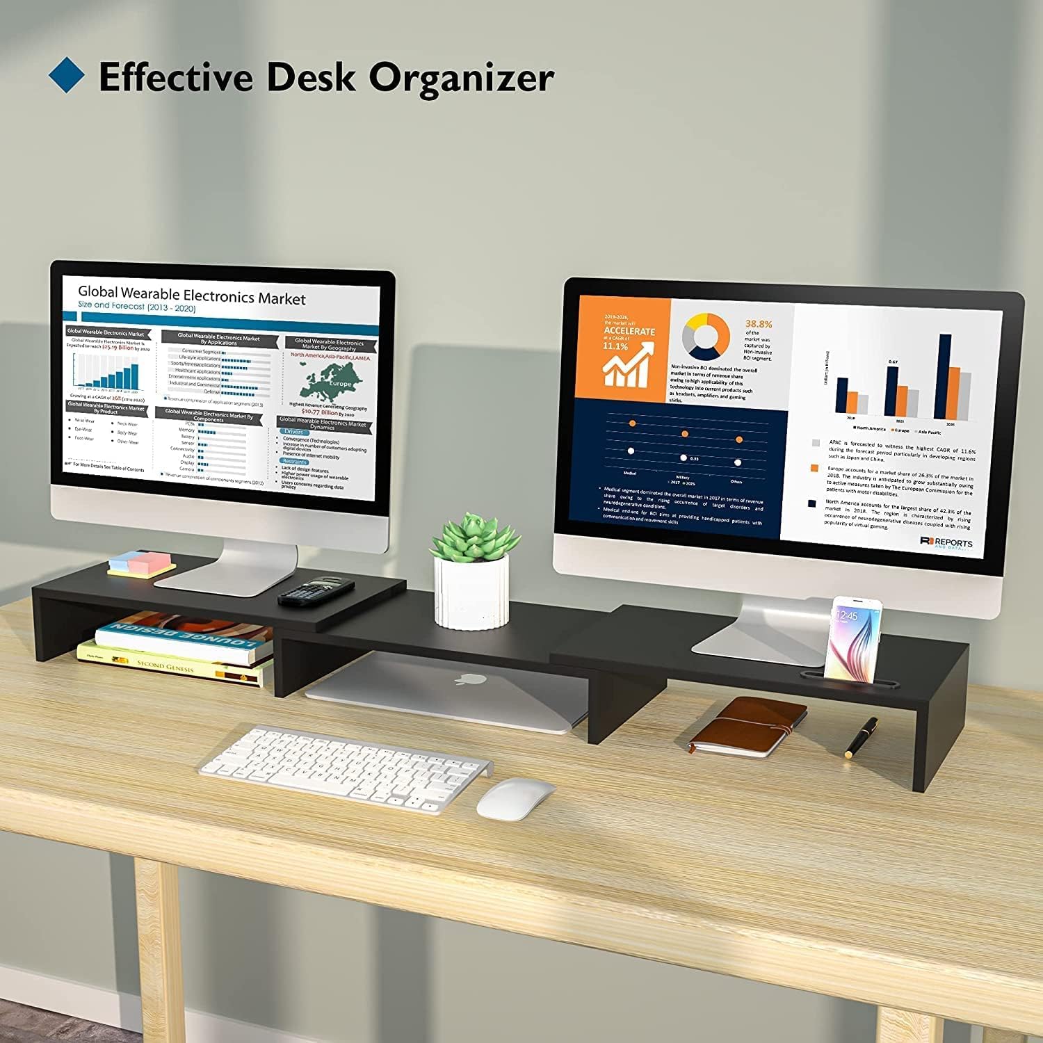 BONTEC Supporto per Doppio Monitor Stand Riser e Smartphone, Lunghezza Regolabile e Angolo di Rotazione in Legno, Organizer da Tavolo, nero