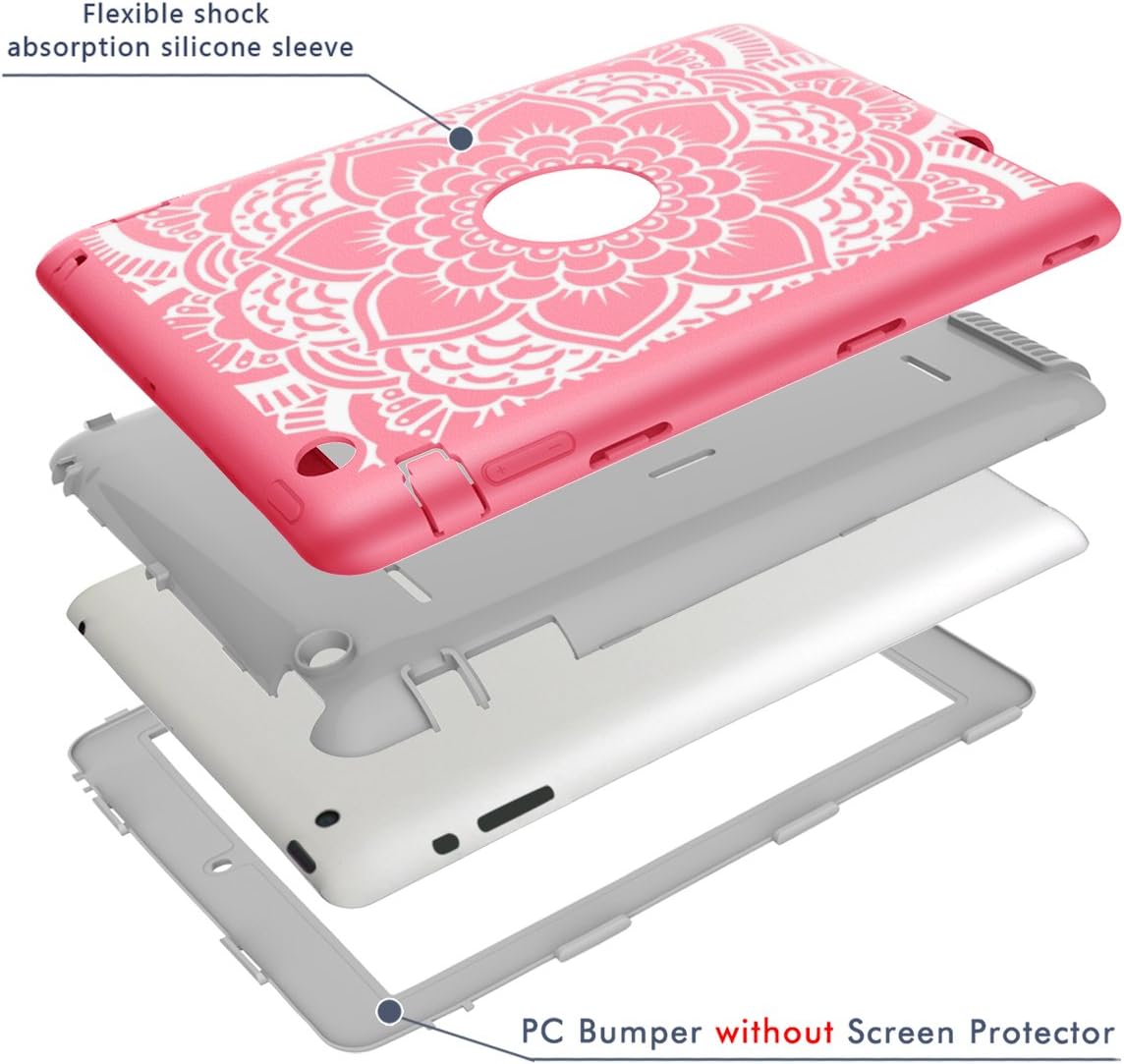 iPad 2 Case, iPad 3 Case, iPad 4 Case, Hocase Shockproof Silicone Rubber Bumper+Hard Shell Full-Body Protective Case for Apple iPad 2nd/3rd/4th Generation w/ Retina Display - Pink Flower / Grey