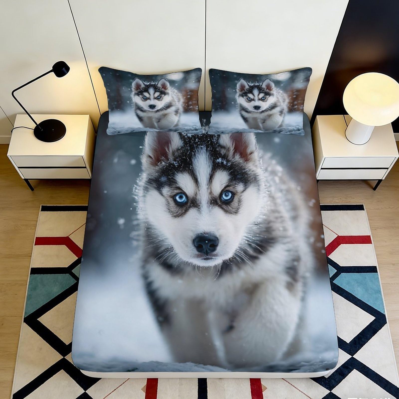 3D Printed Husky Puppy Fitted Sheet Microfiber Soft Non-slip Snow Scene Mattress Cover for Bedroom Guest Room Decor 90x200x25cm
