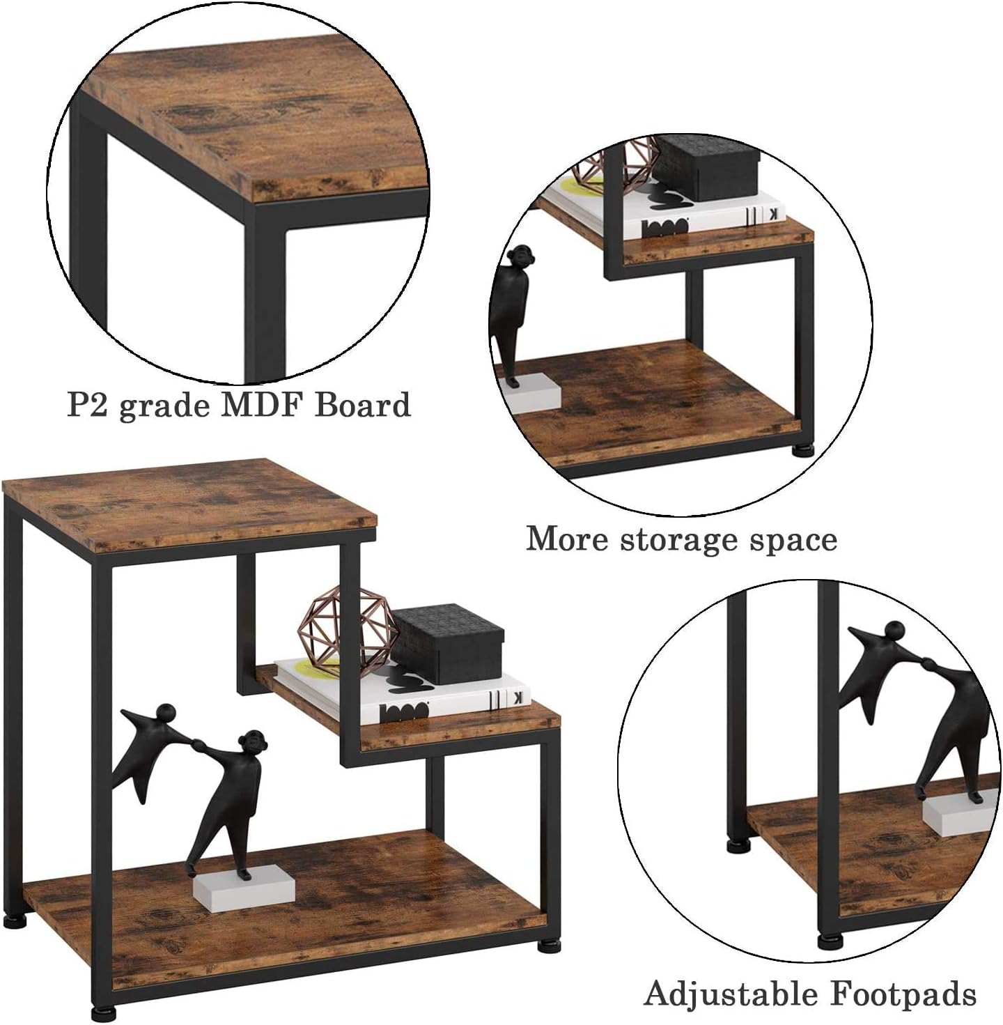 IRONCK End Tables Living Room, 2-Tier Side Table with Storage Shelf, Wood Look Accent Furniture with Metal Frame, Rustic Home Decor, Vintage Brown