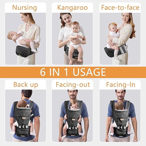 Miniatura 5 de Portabebés para recién nacidos a niños pequeños con asiento de cadera, suave 6 en 1 ergonómico para todas las posiciones, portabebés de 7 a 33