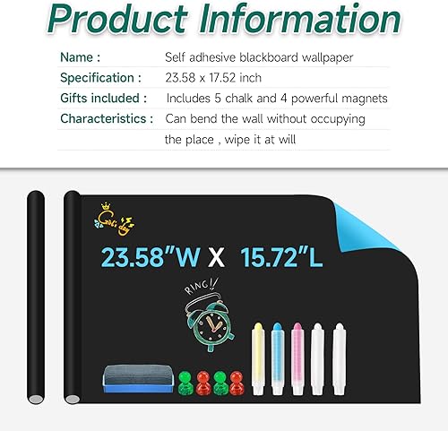 Miniatura 4 de Papel de contacto magnético para pizarra de pared, 23.58 x 15.72 pulgadas, papel tapiz autoadhesivo, incluye 5 tizas, 4 imanes fuertes, 1 pizarra