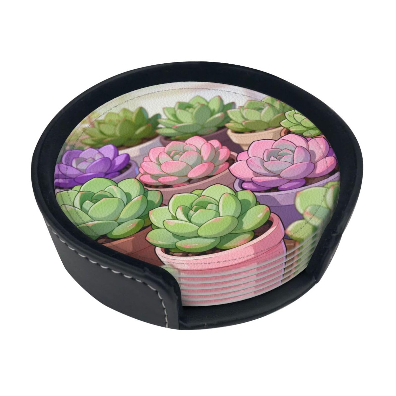 Cntdbu White Succulent Plant Set Leather Coasters Set Of 6-Pu Leather Drink Mats For Table, Heat Resistant Round Coasters With Holder