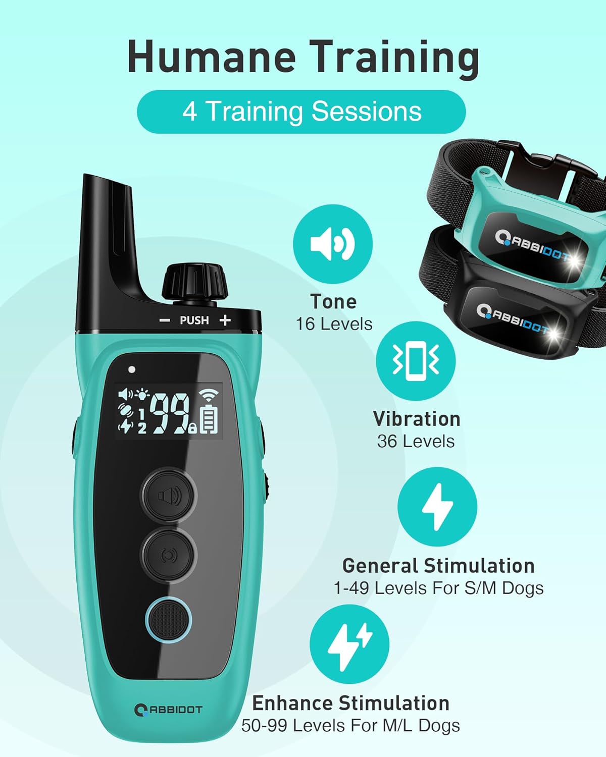 ABBIDOT Shock Collar 2 Dogs - 3300ft Dog Training Collar with Remote, 151 Levels Electric Collar, Safety Lock, Waterproof Rechargeable E Collar for Small Medium Large Dogs (Teal, 2 Collars) - Image 2