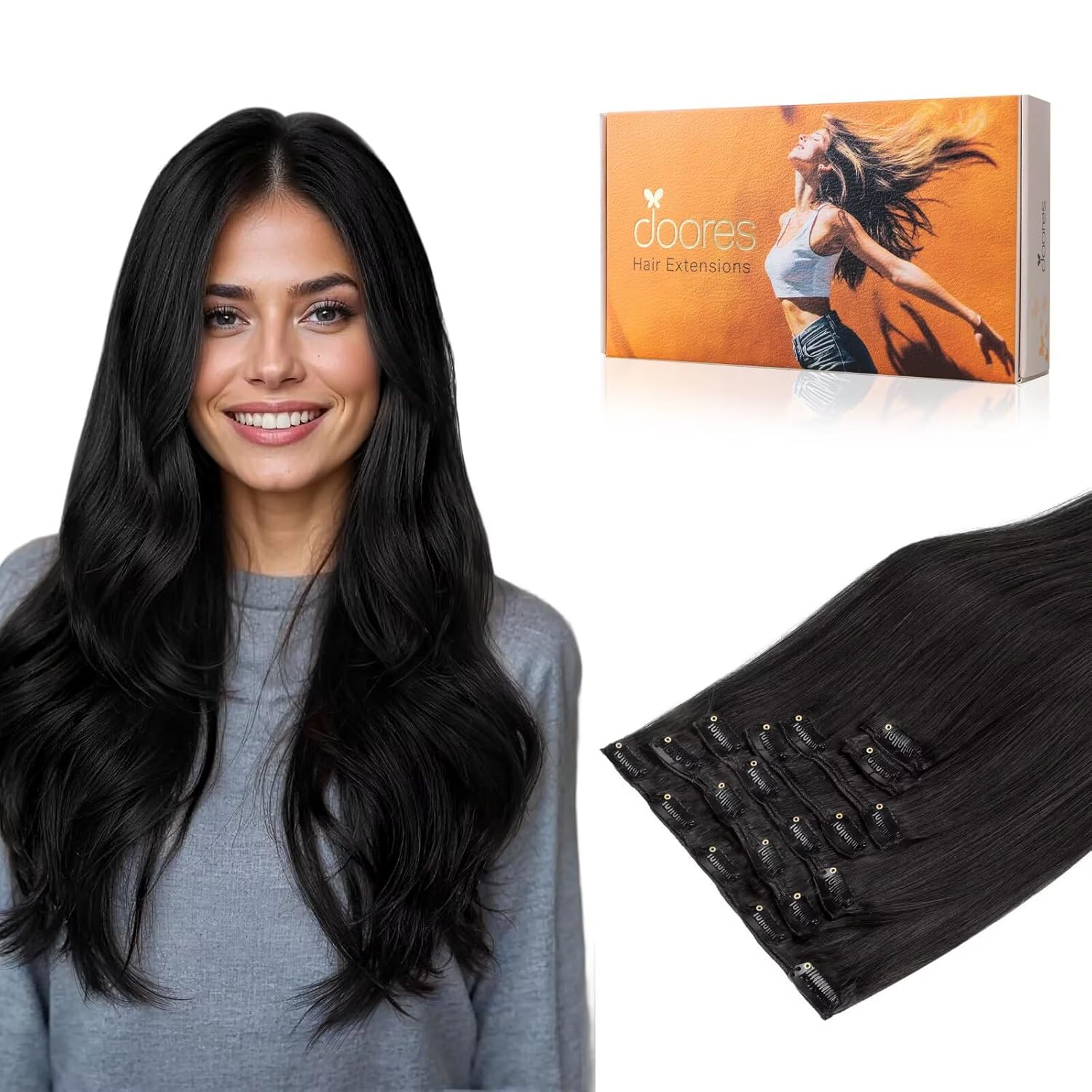 DOORES Clip in Hair Extensions Natural Black Real Hair Extensions Clip in Human Hair 100g 7pcs 14 Inch Straight Natural Thick Weft